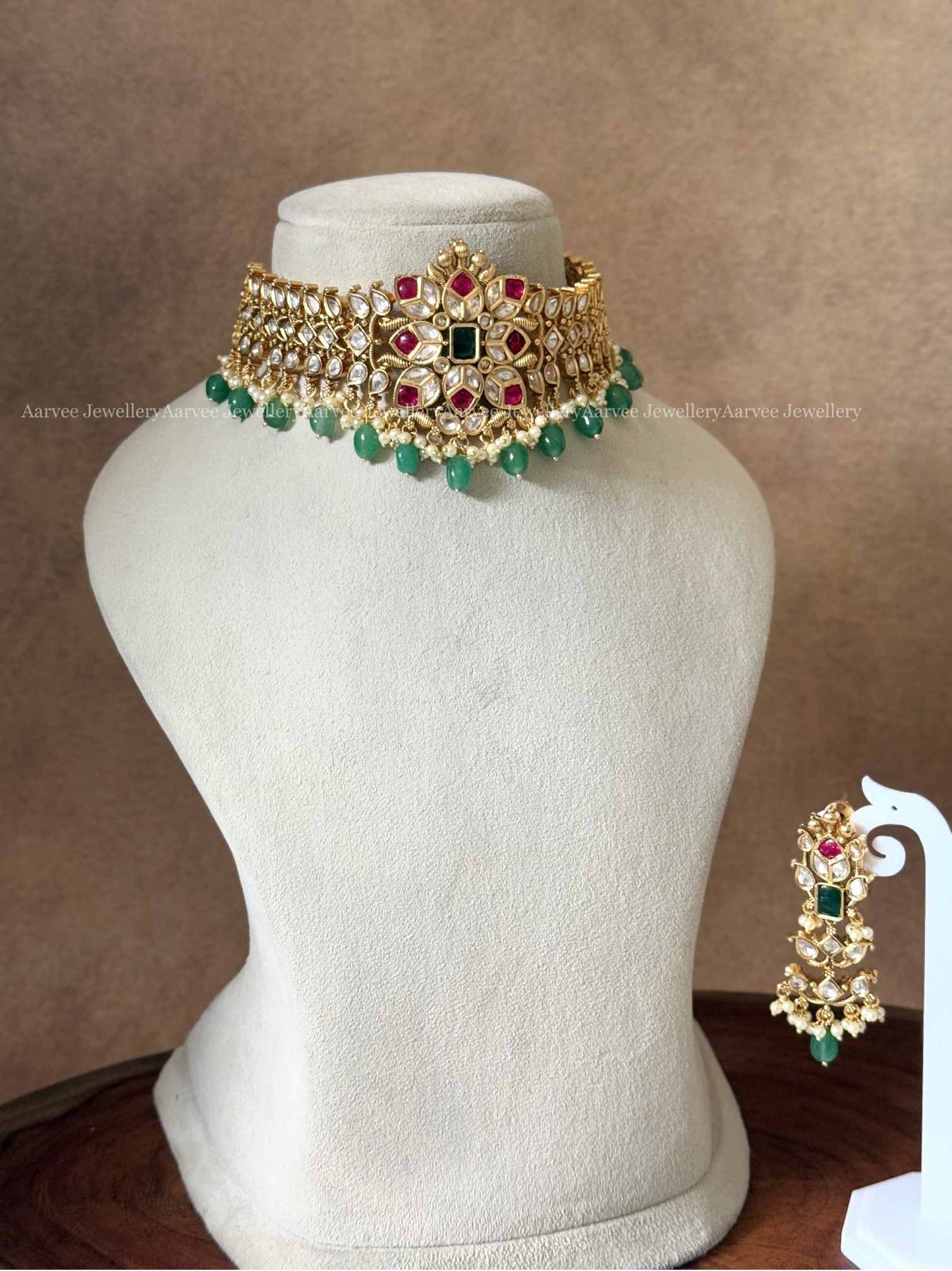 PREMIUM WHITE / PINK KUNDAN STONES HIGHNECK CHOKER SET WITH PASTEL BEADS