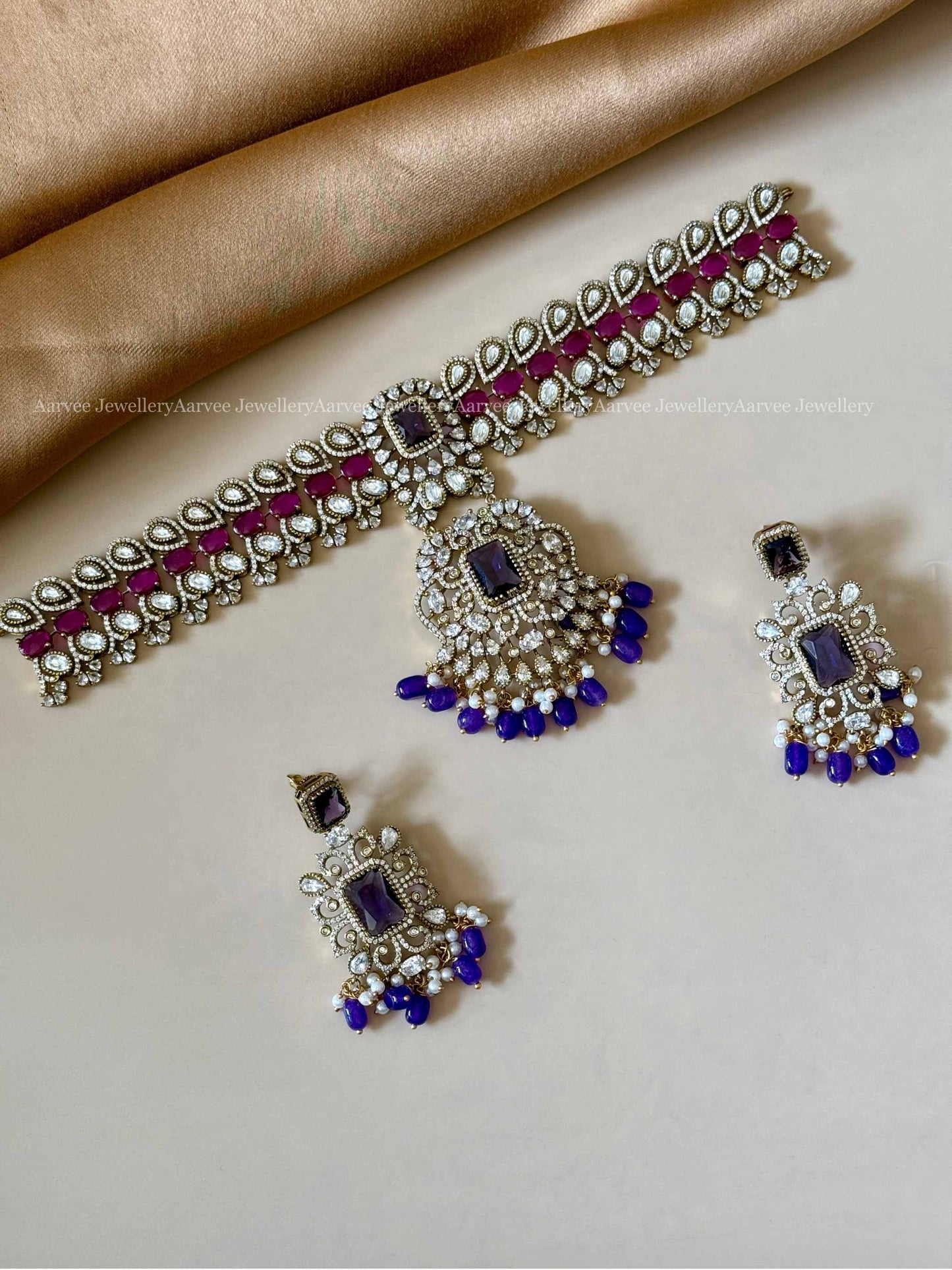PREMIUM VICTORIAN BRIDAL CHOKER SET WITH PINK/ WHITE STONES AND PURPLE  BEADS