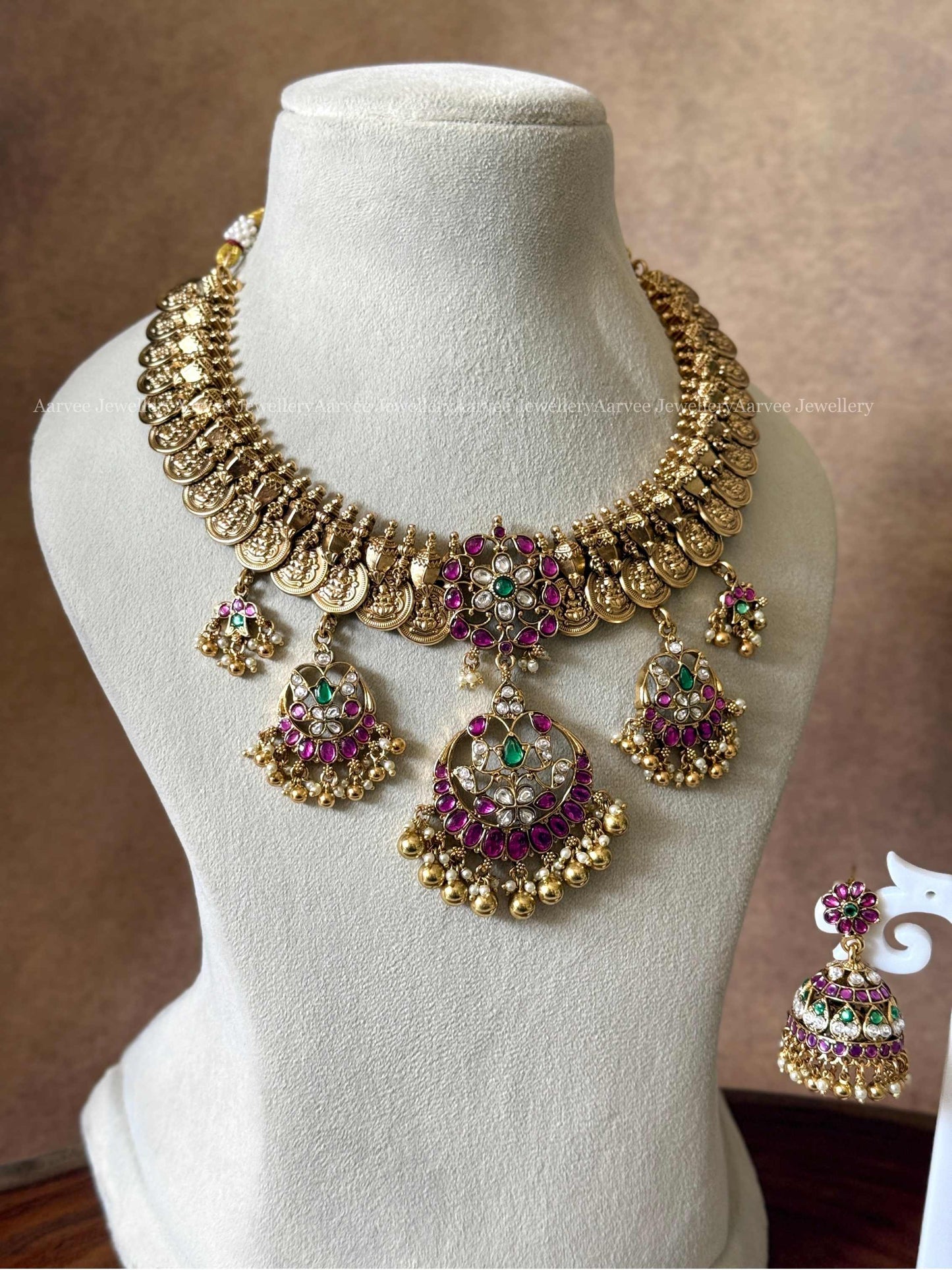 PREMIUM ANTIQUE GOLD COIN NECKLACE SET WITH PINK KUNDAN STONES MULTI PENDANT