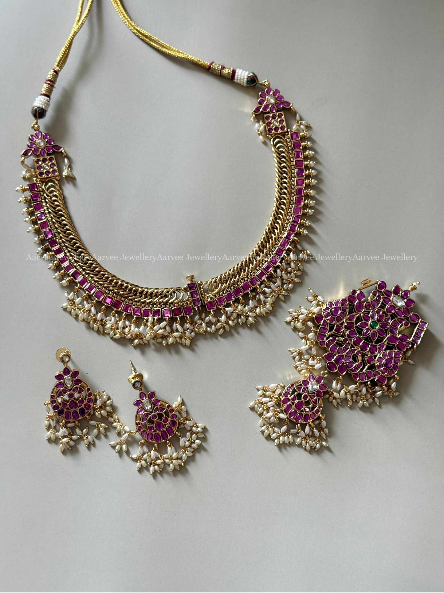 PREMIUM JALEBI 2 IN 1 REVERSIBLE NECKLACE SET IN WHITE / PINK STONES