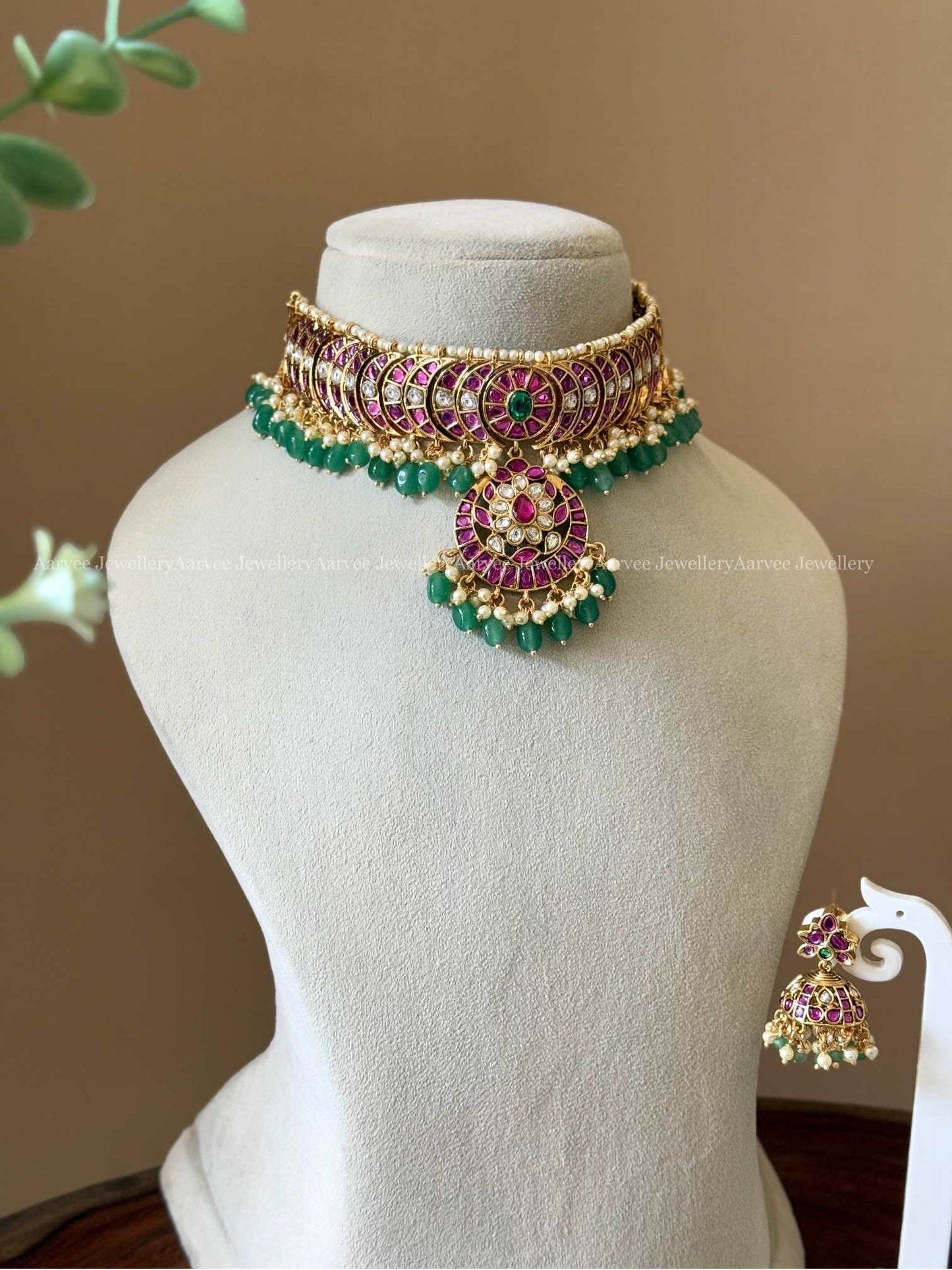 PREMIUM PINK KUNDAN STONES CHOKER SET WITH PASTEL BEADS