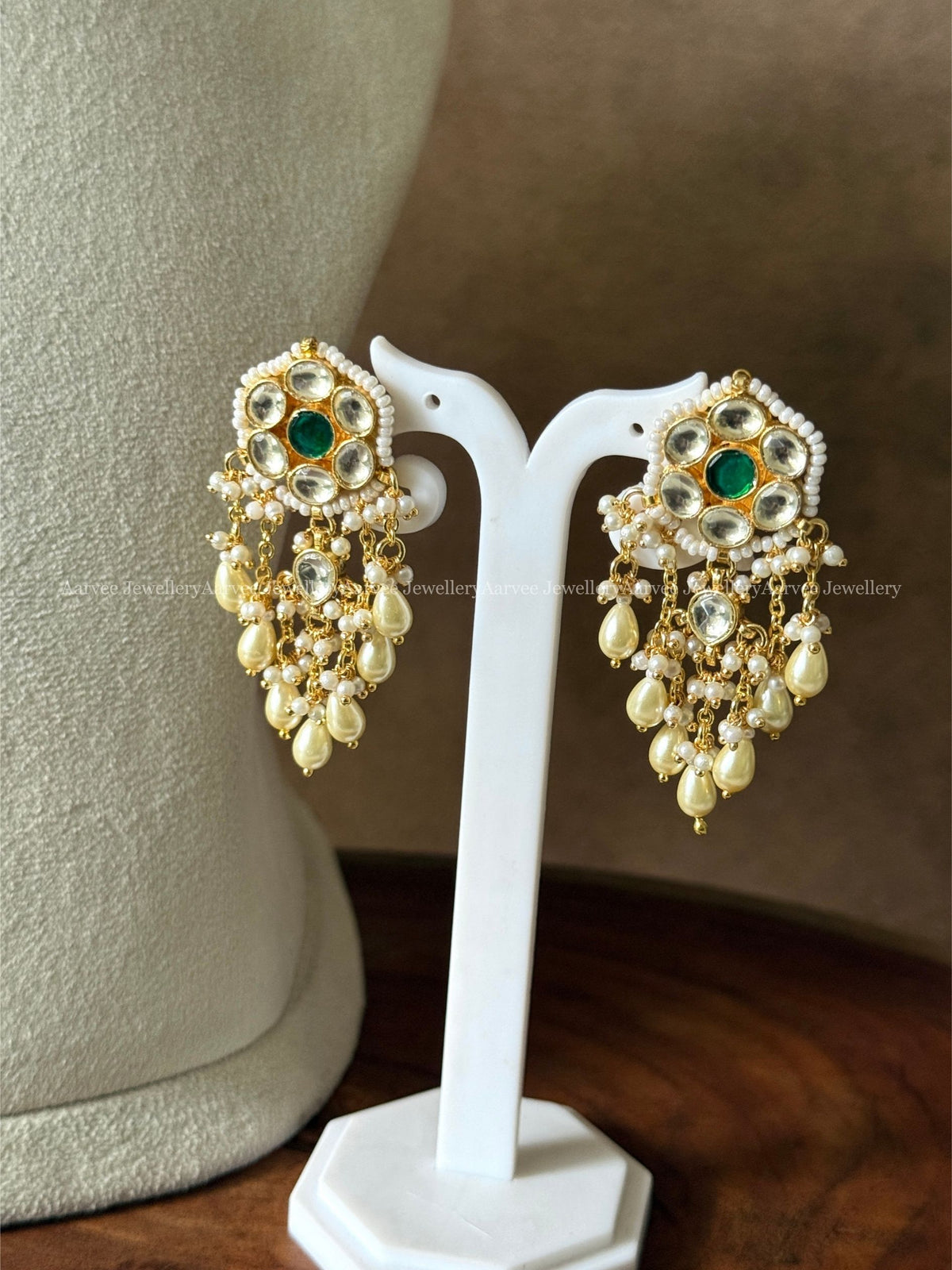POLKI KUNDAN PEARL BUNCH RUBY / WHITE FLORAL CHOKER SET WITH PEARL DROPS