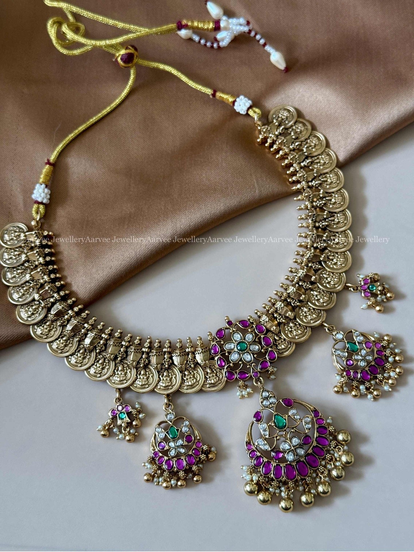 PREMIUM ANTIQUE GOLD COIN NECKLACE SET WITH PINK KUNDAN STONES MULTI PENDANT