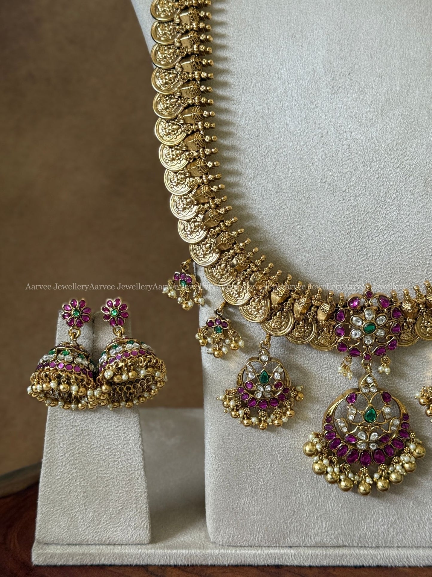COMBO - PREMIUM PINK KUNDAN STONE CHAND CHOKER AND ANTIQUE GOLD COIN HARAM SET WITH MULTI PENDANTS