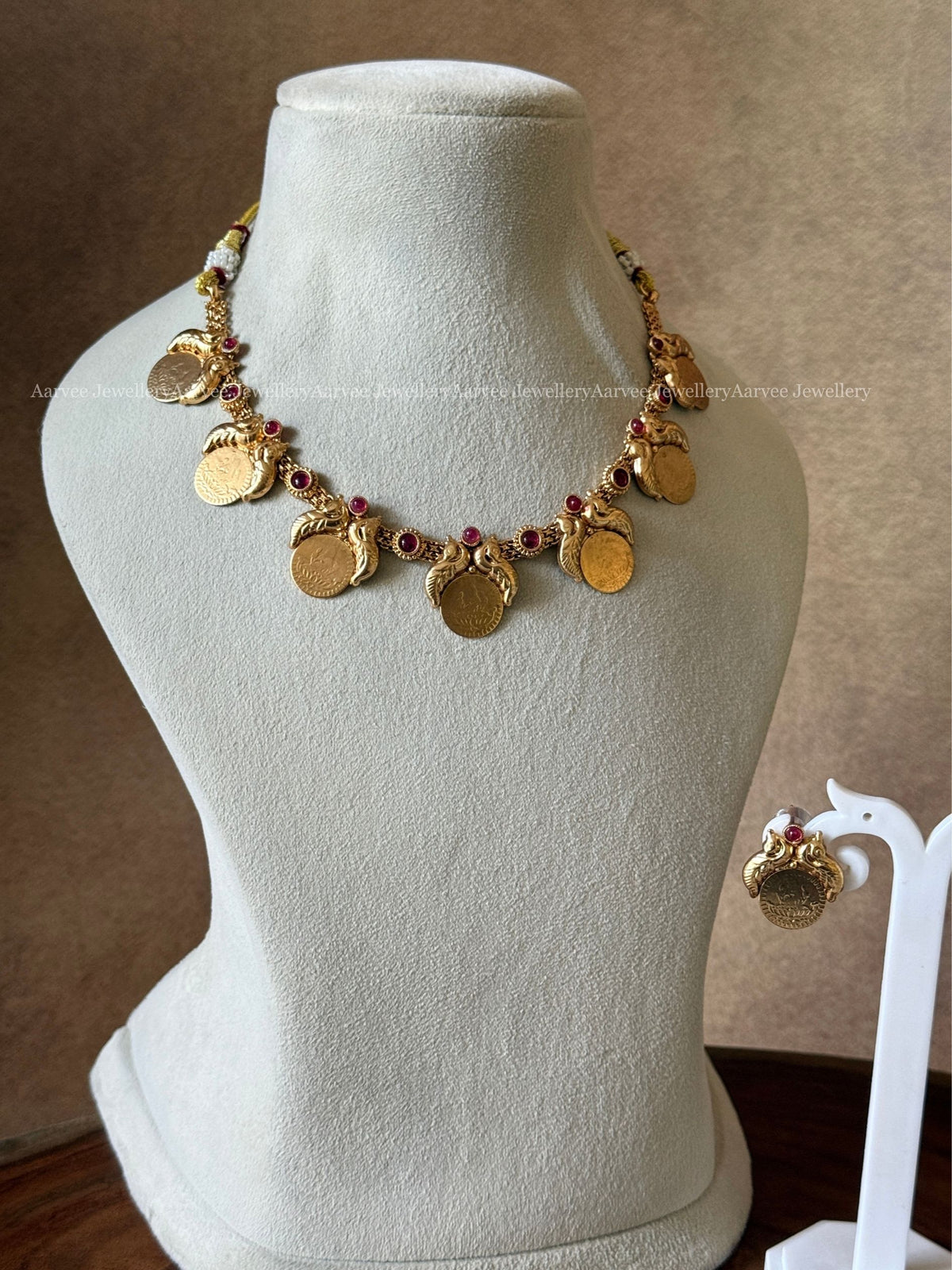 GOLD TONE LAKSHMI PEACOCK COIN NECKLACE SET WITH RUBY STONE