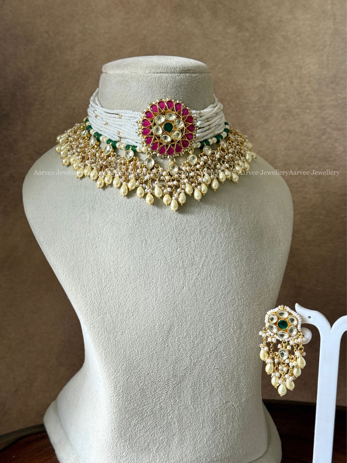 POLKI KUNDAN PEARL BUNCH RUBY / WHITE FLORAL CHOKER SET WITH PEARL DROPS