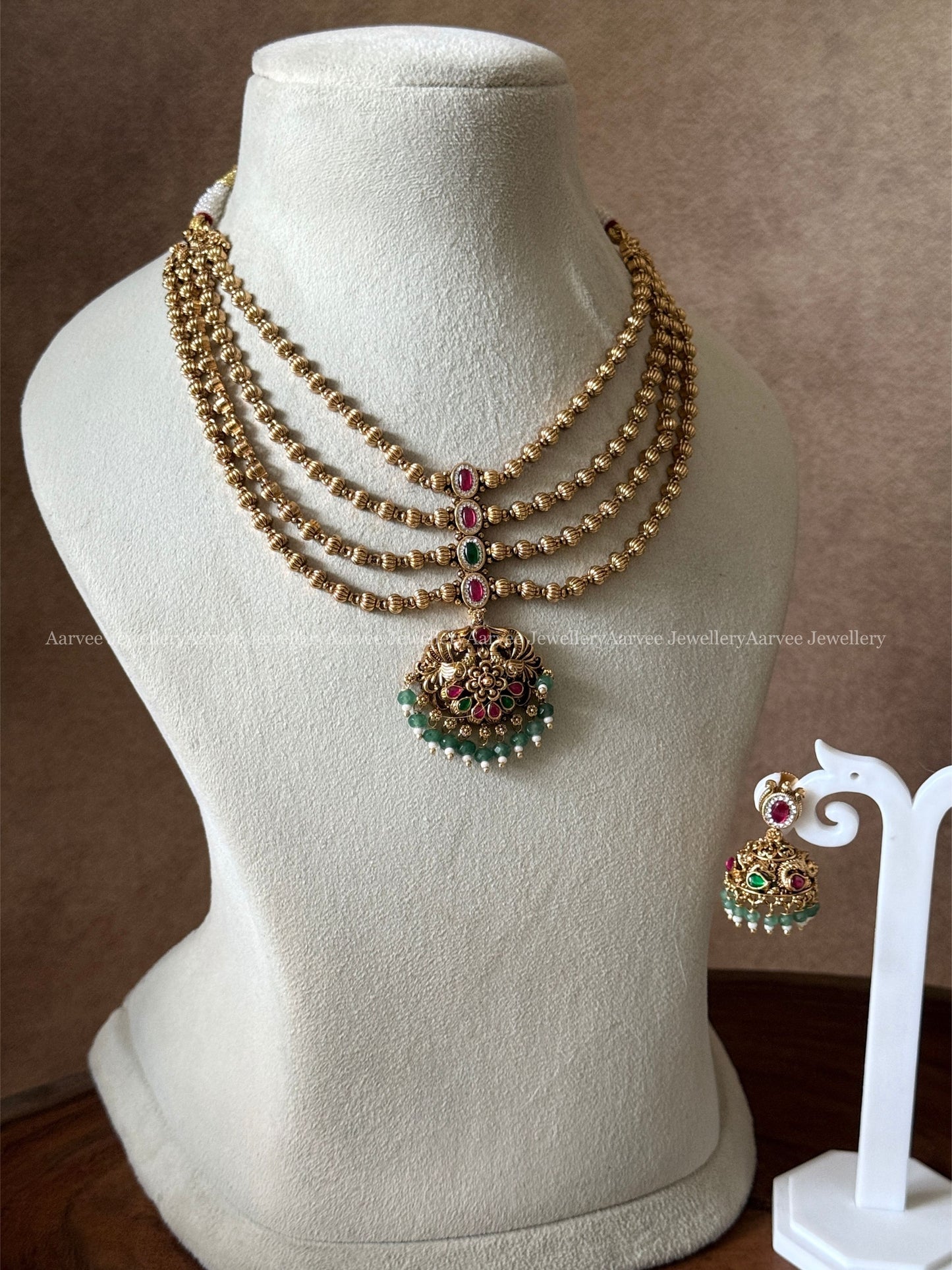 ANTIQUE GOLD LAYERED RUBY / GREEN STONE PEACOCK PENDANT NECKLACE SET WITH PASTEL BEADS