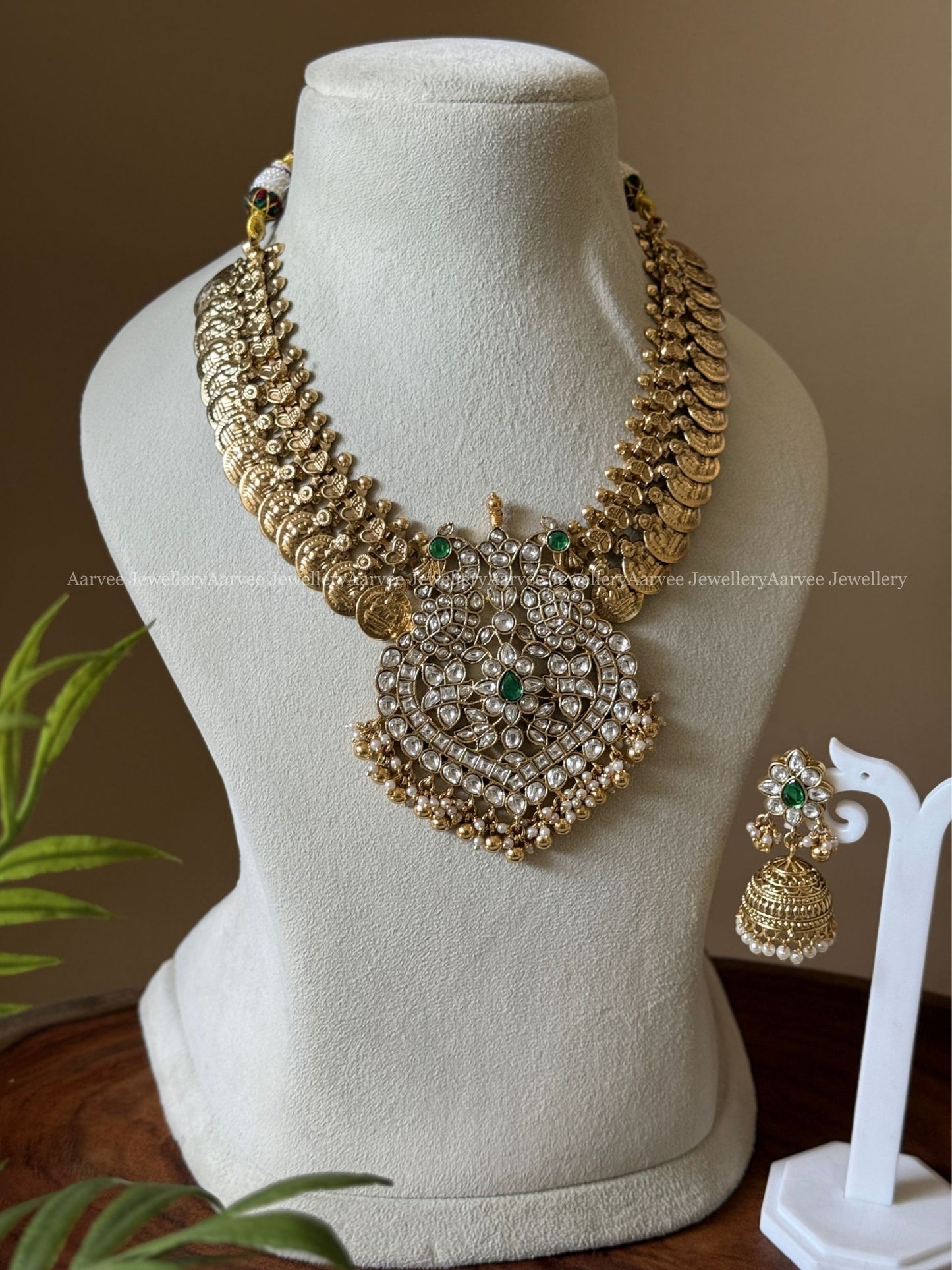 PREMIUM COIN NECKLACE SET WITH WHITE KUNDAN PEACOCK PENDANT AND GOLD BEADS