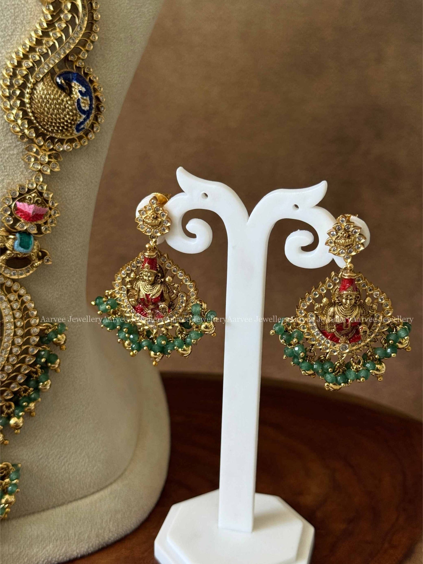 GOLD TONE LAKSHMI HARAM SET WITH GOLD AND GREEN BEADS
