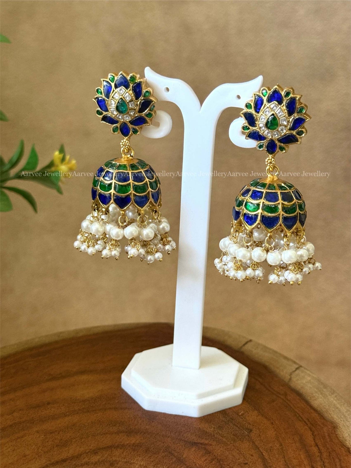 JADAU KUNDAN BLUE / GREEN STONES LOTUS JHUMKI WITH PEARLS