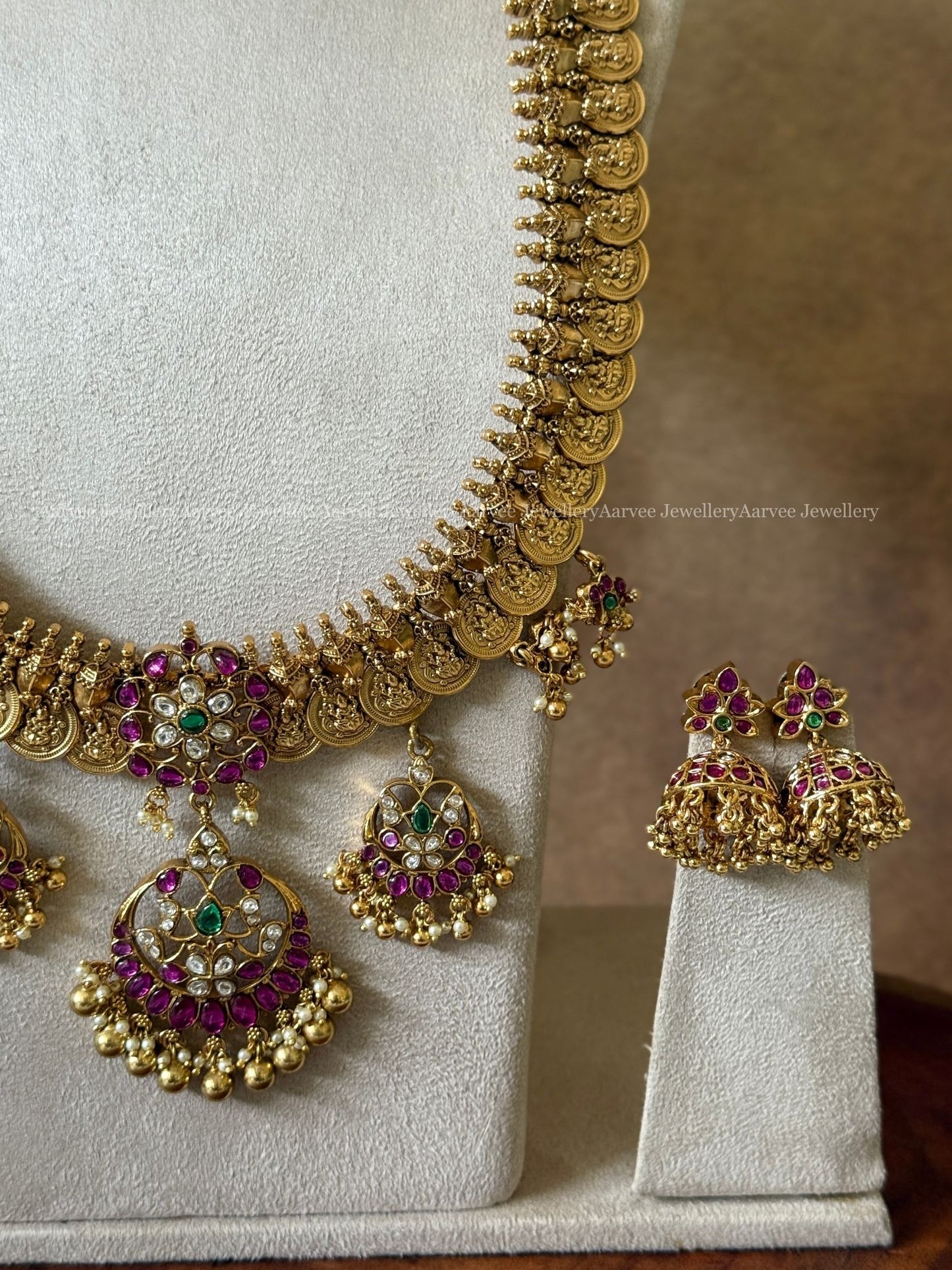 COMBO - PREMIUM PINK KUNDAN STONE CHAND CHOKER AND ANTIQUE GOLD COIN HARAM SET WITH MULTI PENDANTS