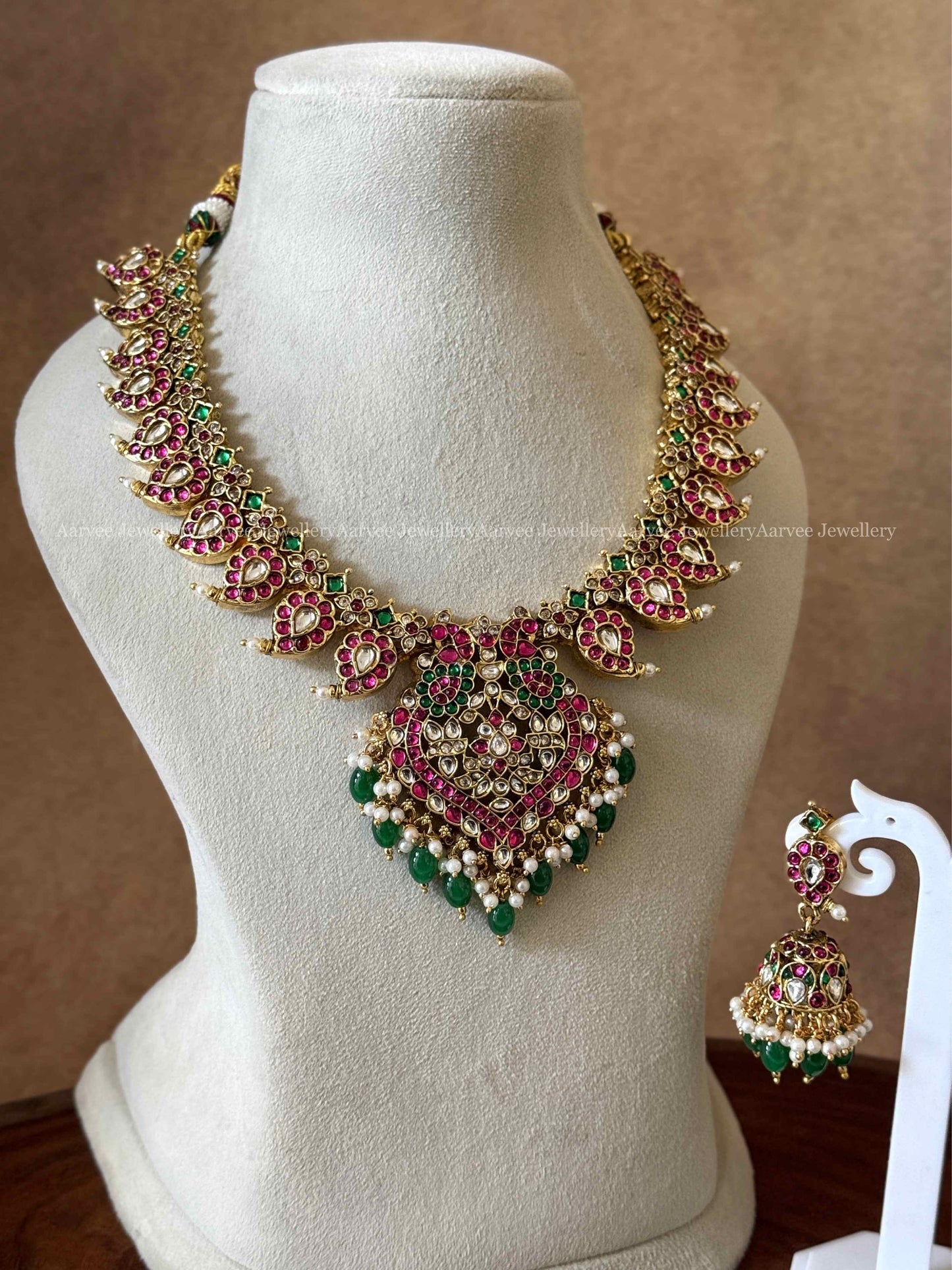 KUNDAN MULTI COLOUR MANGO AND PEACOCK DESIGN NECKLACE SET WITH GREEN BEADS