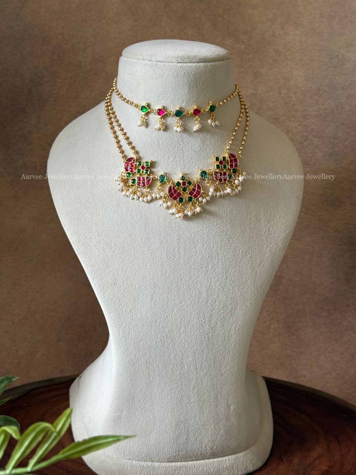 MINI BRIDAL SET - THREE LAYERED RUBY / GREEN STONES JEWELLERY SET