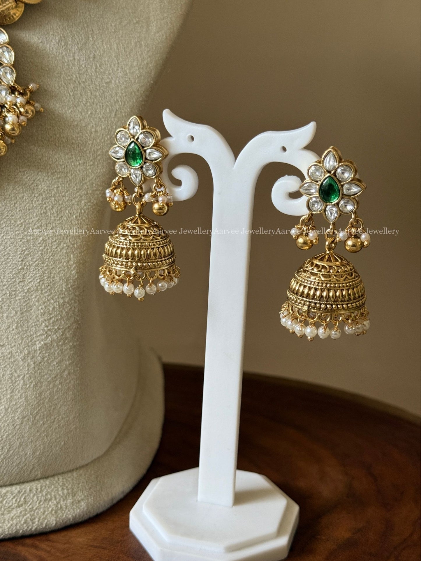 PREMIUM COIN NECKLACE SET WITH WHITE KUNDAN PEACOCK PENDANT AND GOLD BEADS