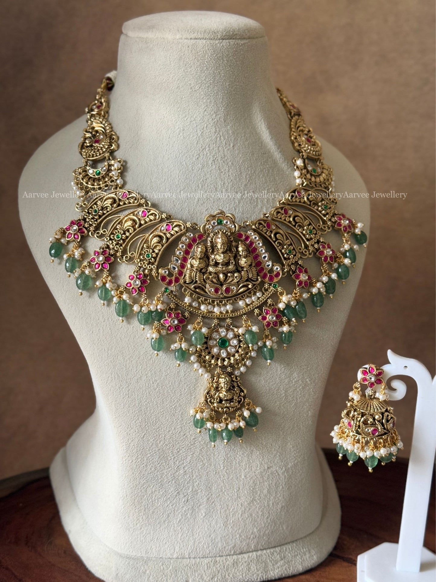 GOLD TONE LAKSHMI & KUNDAN STONE FLORAL MOTIF STATEMENT NECKLACE SET WITH PASTEL BEADS