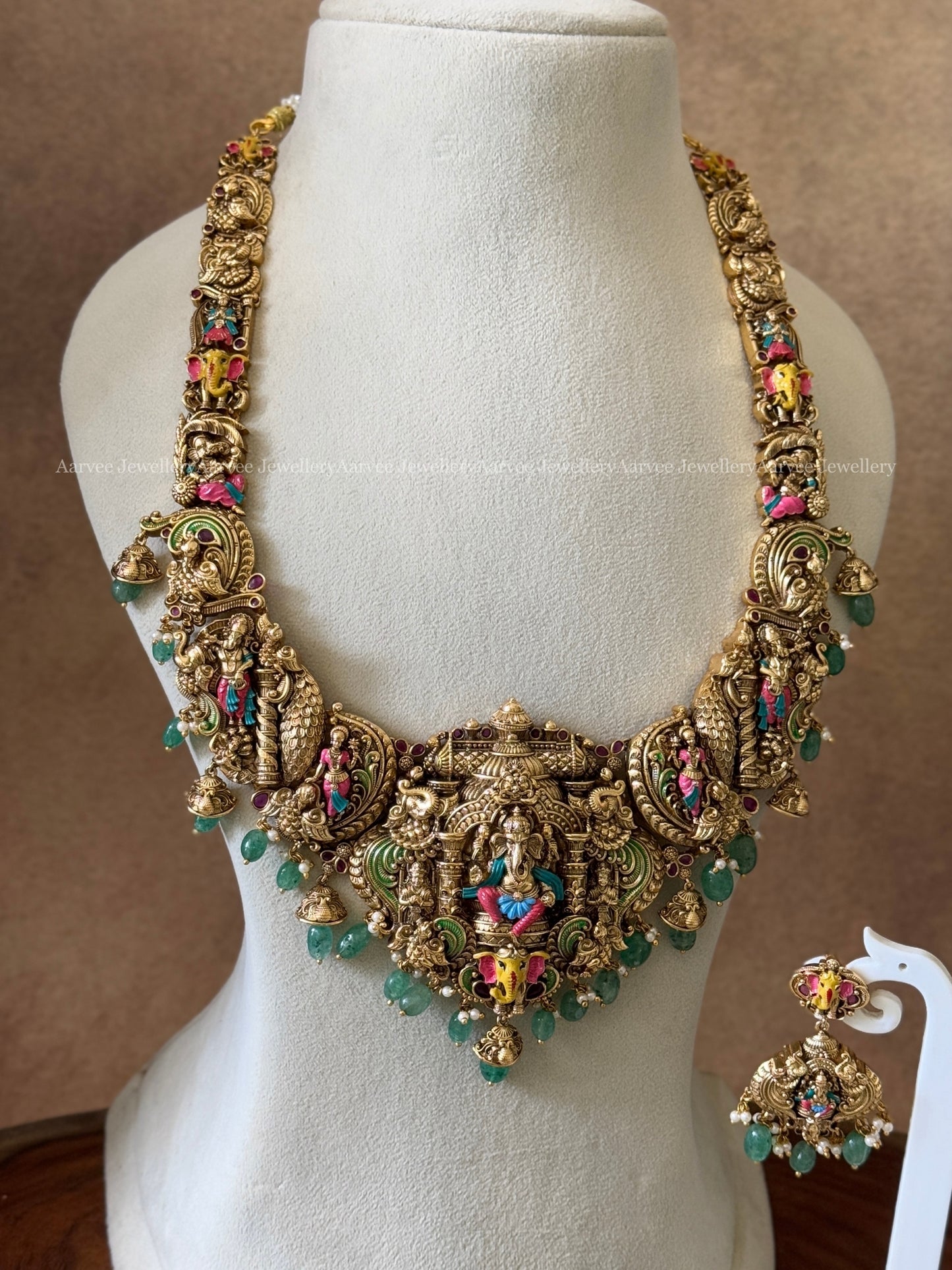 HIGH QUALITY GOLD FINISH TEMPLE JEWELLERY HARAM SET WITH GANESHA PENDANT AND PASTEL BEADS