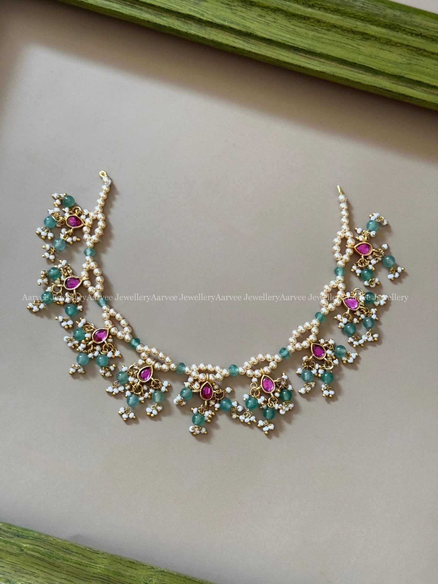 PEARL NECKLACE SET WITH KEMP STONES AND PASTEL BEADS