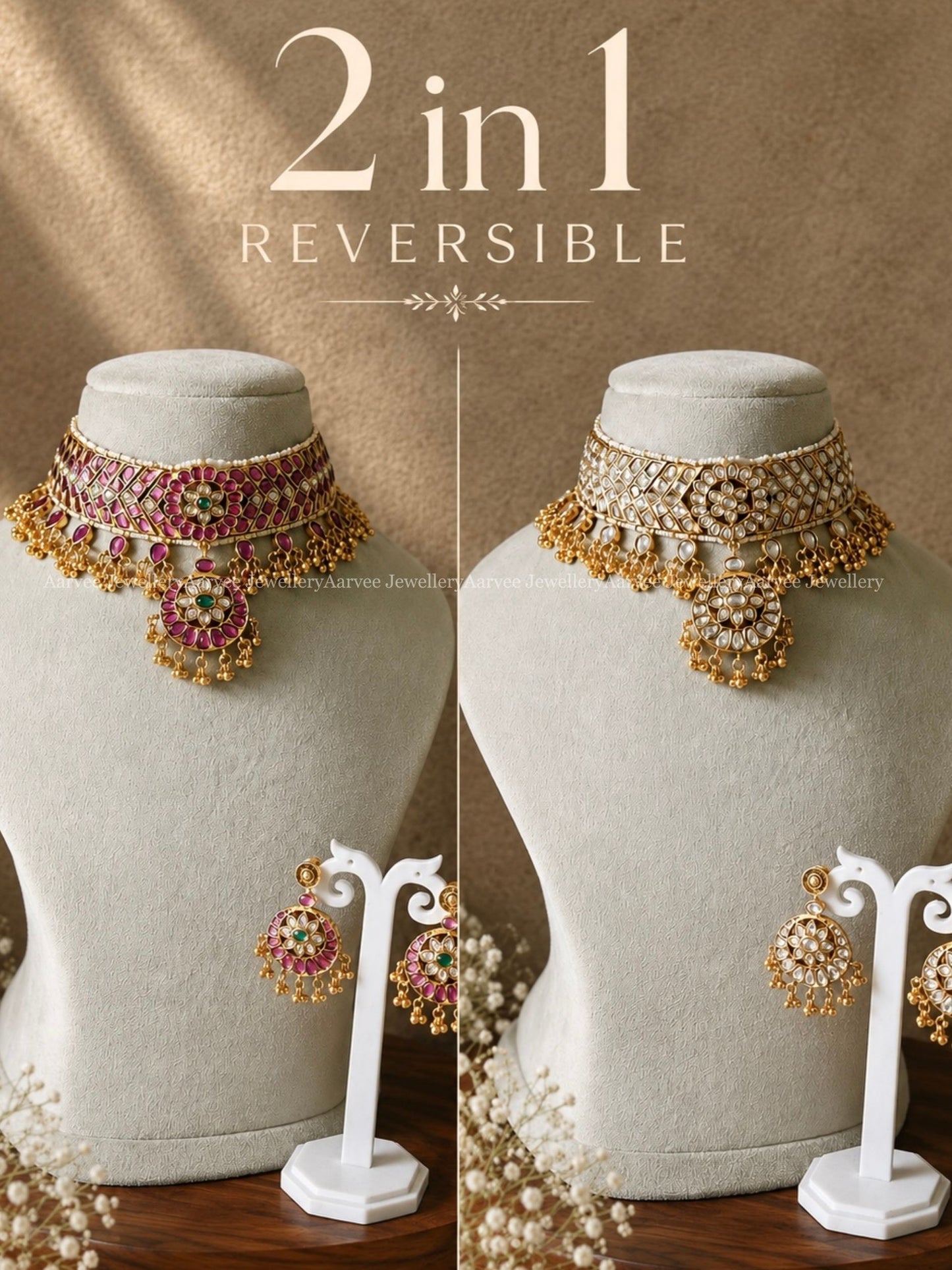 REVERSIBLE 2 IN 1 KUNDAN PINK / WHITE STONES CHOKER SET WITH GOLD BEADS