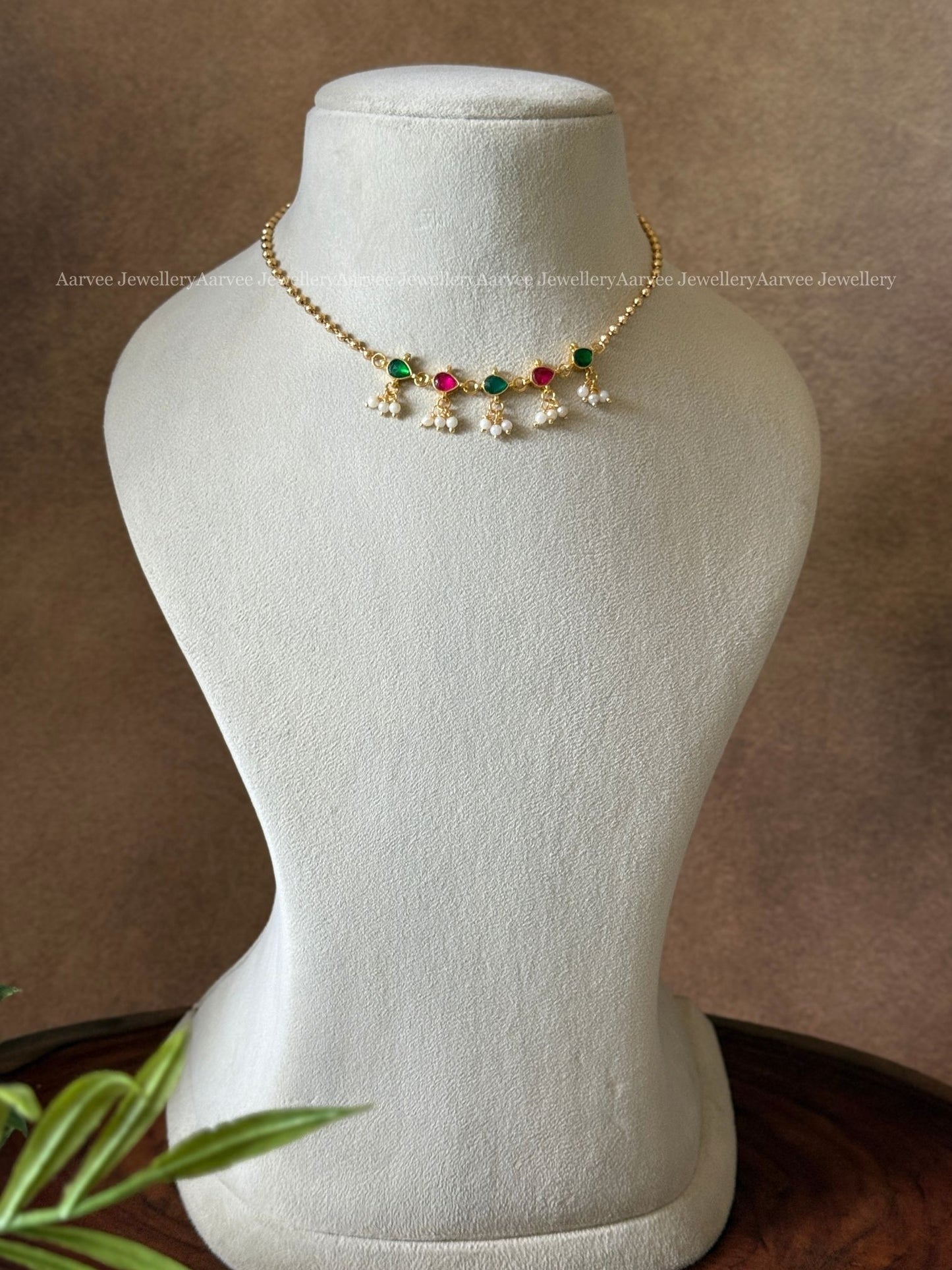 MINI BRIDAL SET - THREE LAYERED RUBY / GREEN STONES JEWELLERY SET