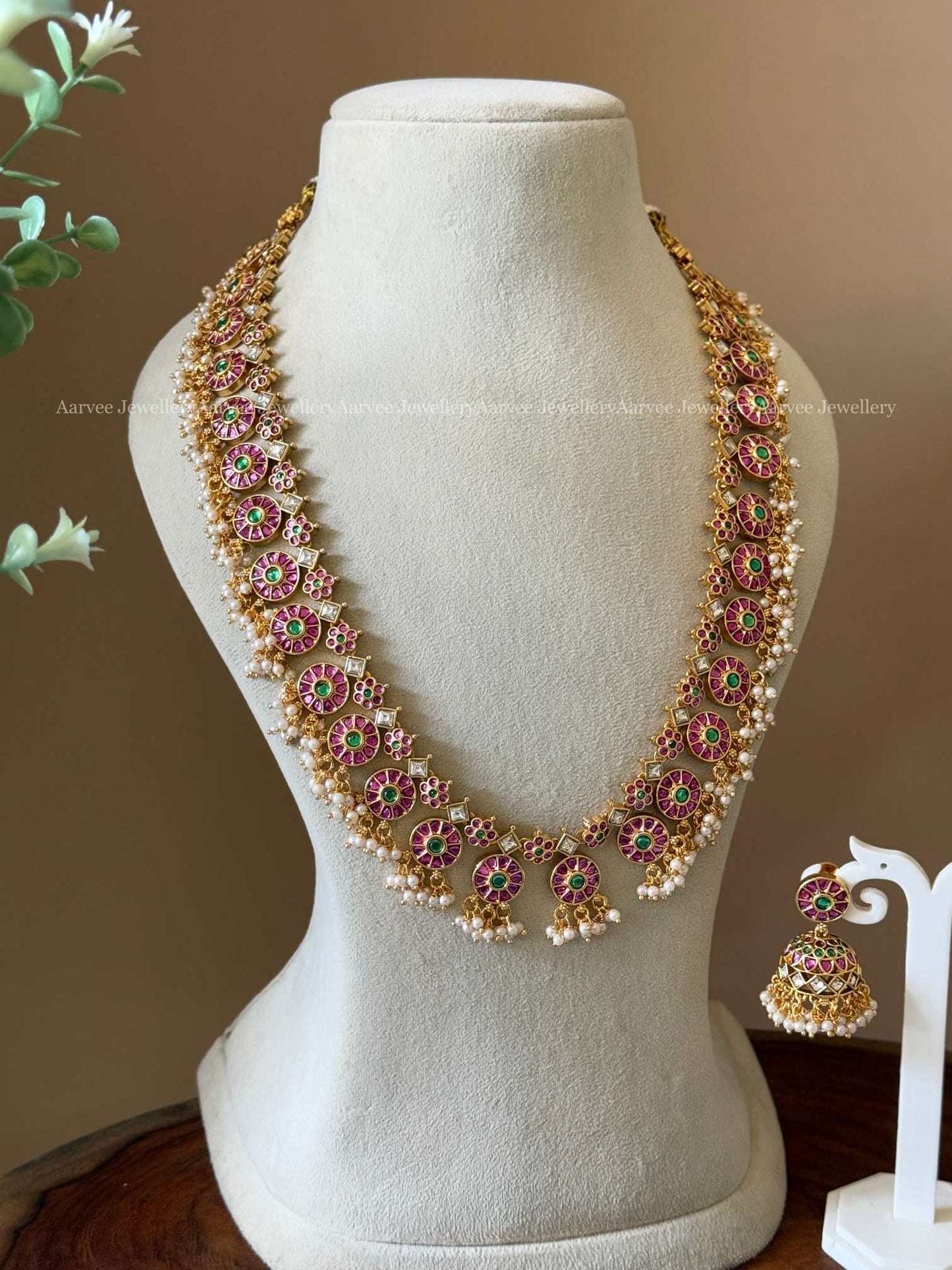 PREMIUM KEMP PINK/GREEN STONES BOTTU MALA HARAM SET WITH PEARLS