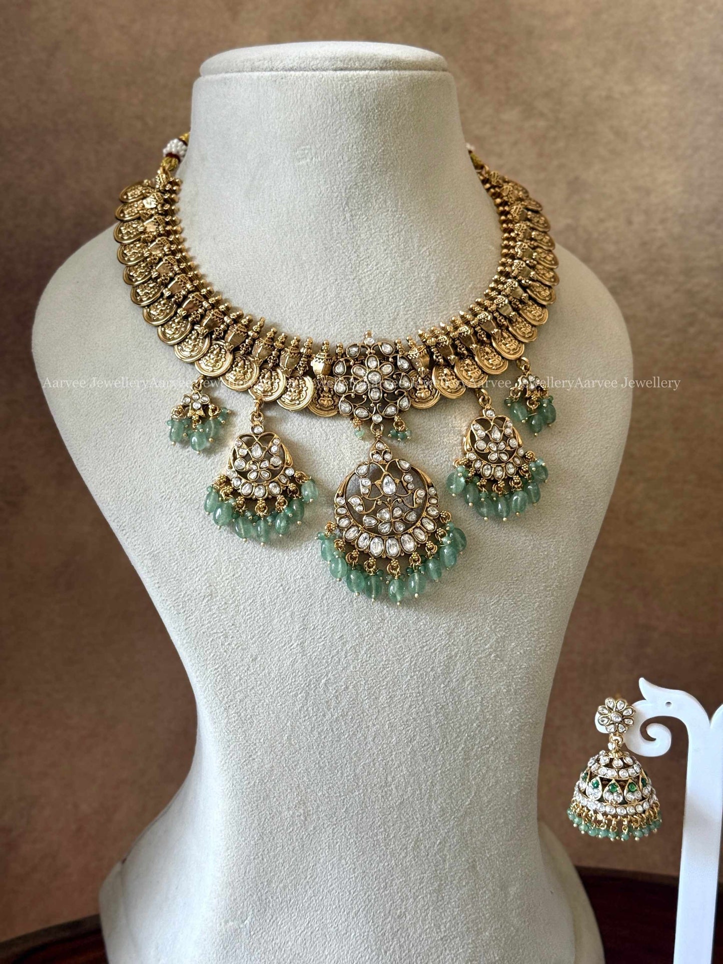 PREMIUM ANTIQUE COIN NECKLACE SET WITH KUNDAN WHITE STONES MULTI PENDANT AND PASTEL BEADS