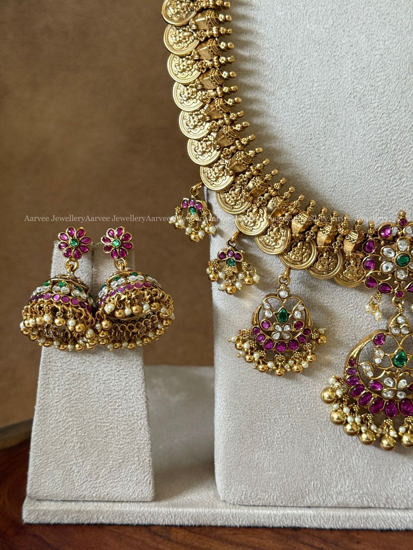COMBO - PREMIUM PINK KUNDAN STONE CHOKER AND ANTIQUE GOLD COIN HARAM SET WITH MULTI PENDATS