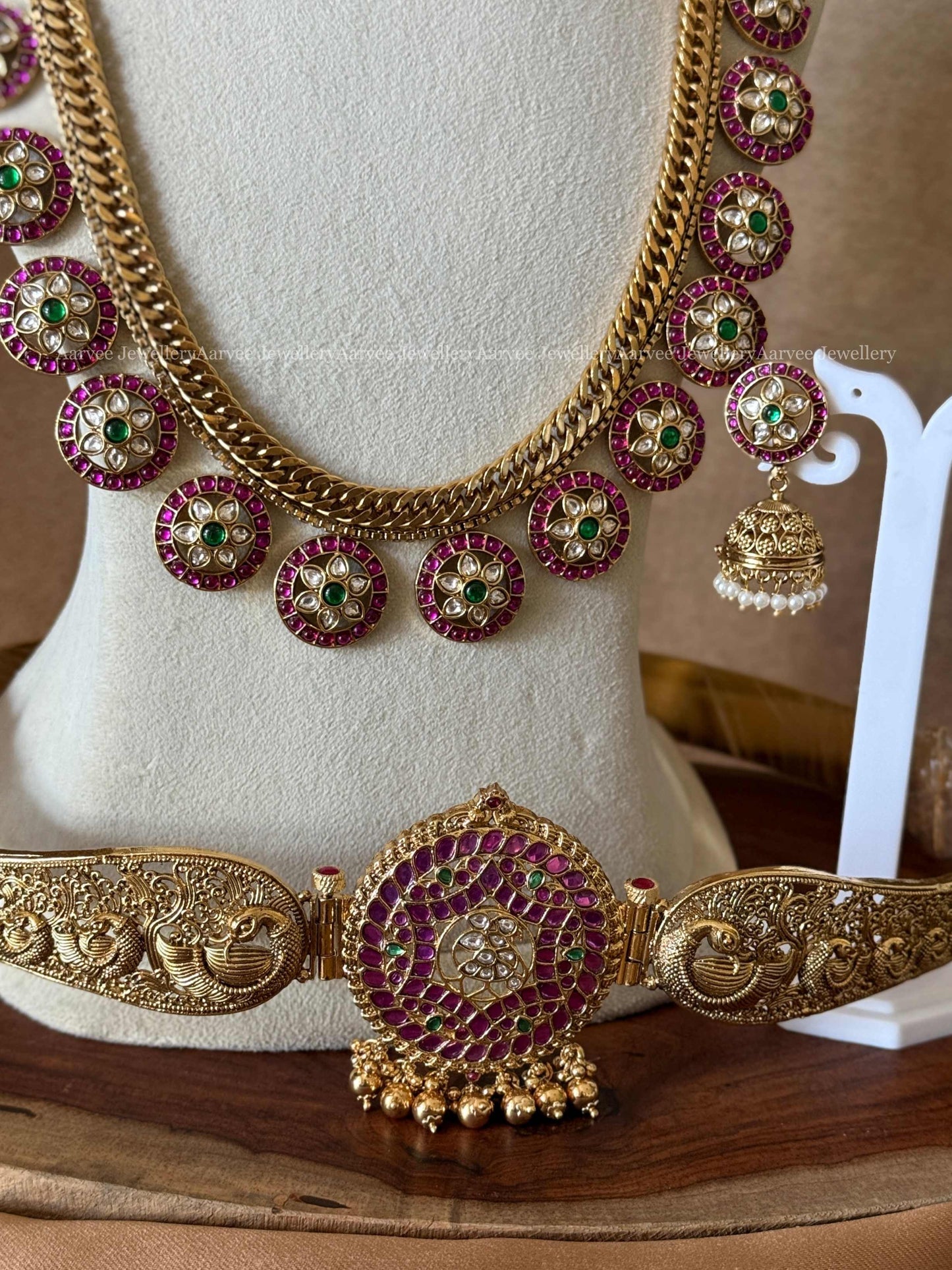 BRIDAL JEWELLERY - PREMIUM PINK KUNDAN STONE CHOKER, BOTTU MALA HARAM SET AND WAIST BELT
