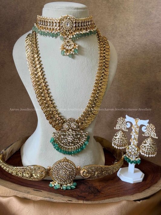 KUNDAN BRIDAL JEWELLERY - WHITE STONE CHOKER, COIN HARAM SET, WAIST BELT AND TIKKA WITH PASTEL GREEN BEADS