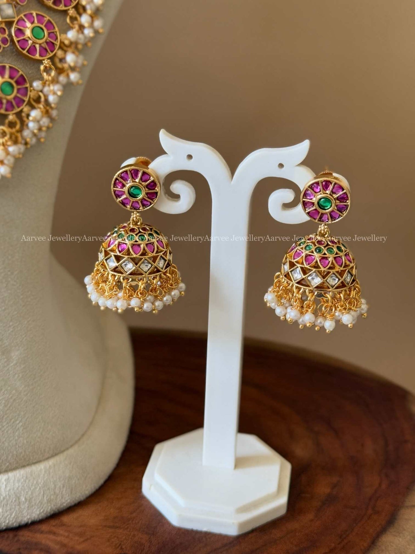 PREMIUM KEMP PINK/GREEN STONES BOTTU MALA HARAM SET WITH PEARLS