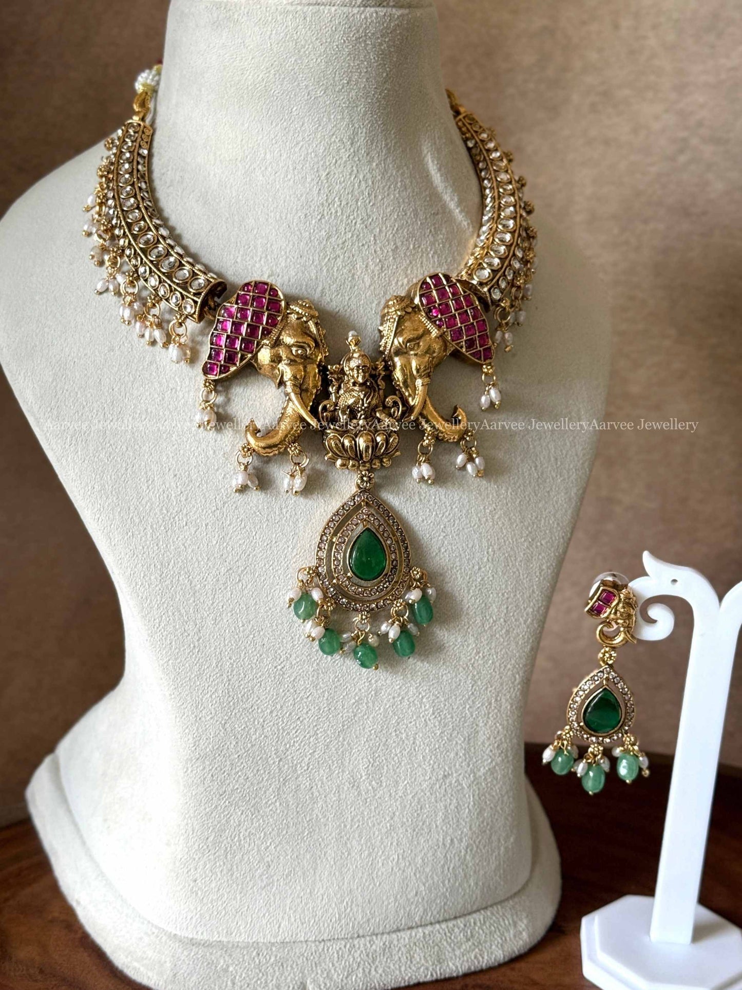 ELEGANT KANTI NECKLACE WITH LAKSHMI AND ELEPHANT DESIGN WITH PASTEL BEADS