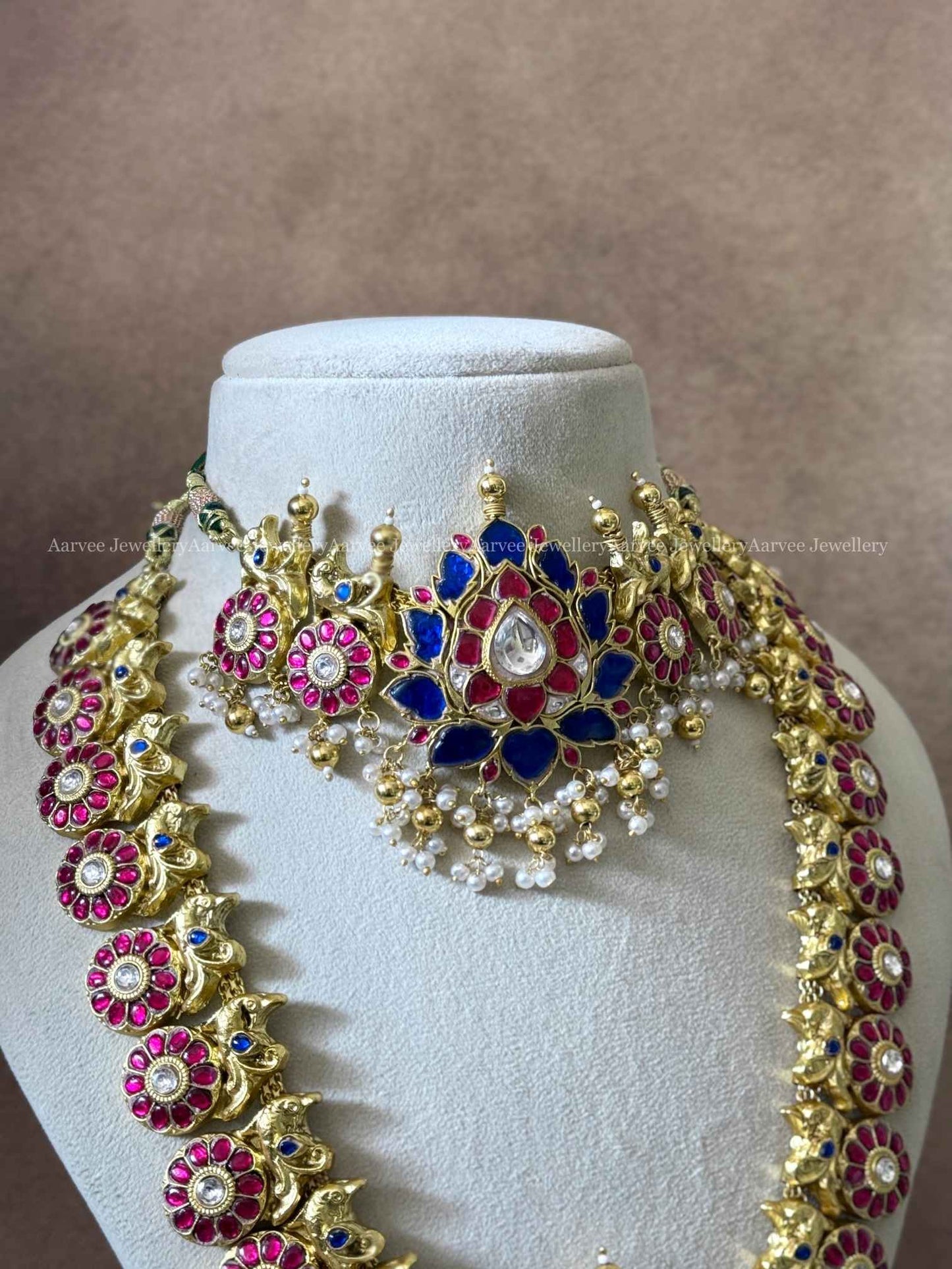 JADAU KUNDAN BLUE / PINK STONE LOTUS SEMI BRIDAL JEWELLERY SET