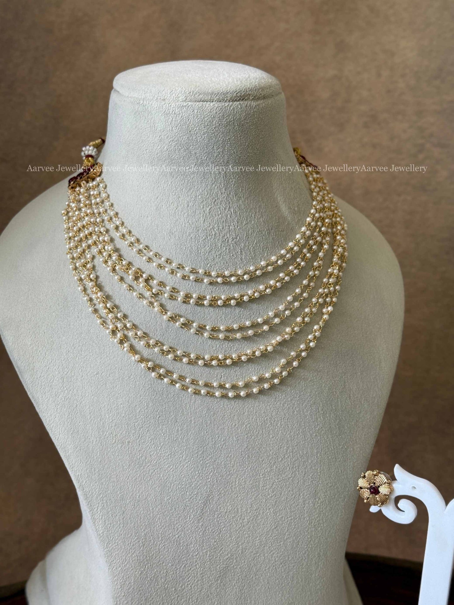 PEARL MULTI LAYER NECKLACE SET WITH RUBY STONE