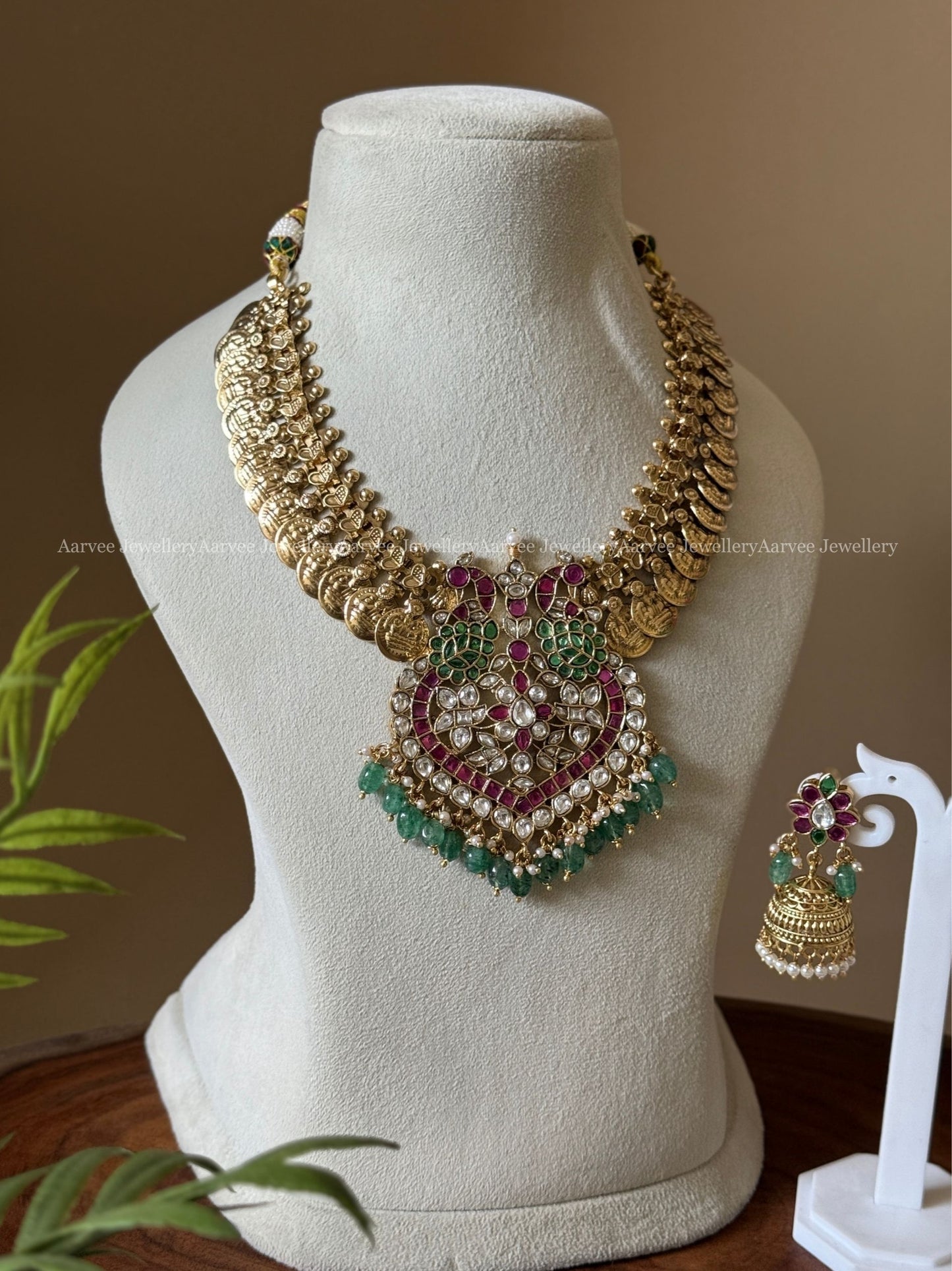 PREMIUM COIN NECKLACE SET WITH PINK / GREEN KUNDAN PEACOCK PENDANT AND PASTEL BEADS