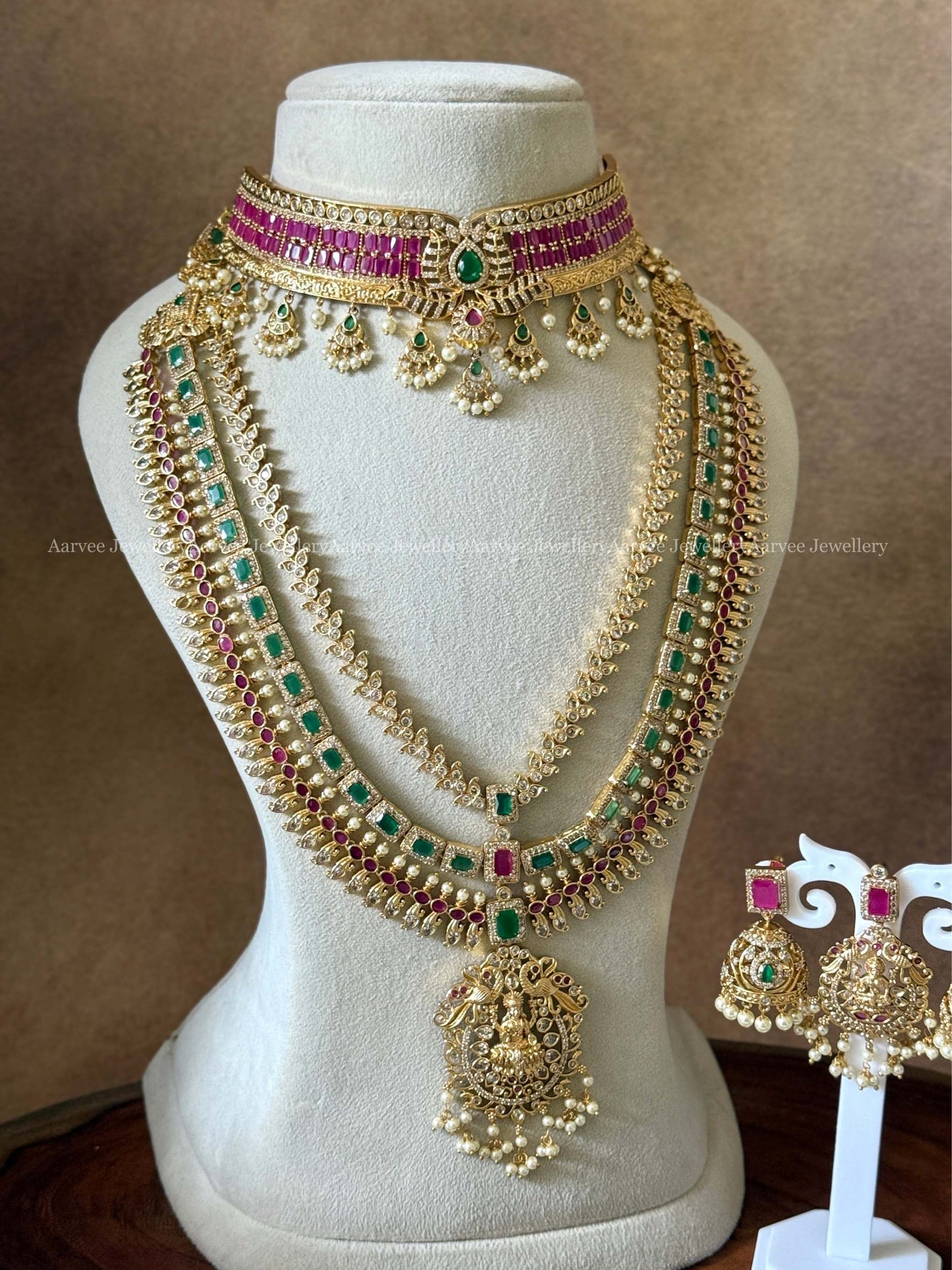 COMBO - CZ PINK STONE CHOKER WITH CZ LAYERED HARAM SET