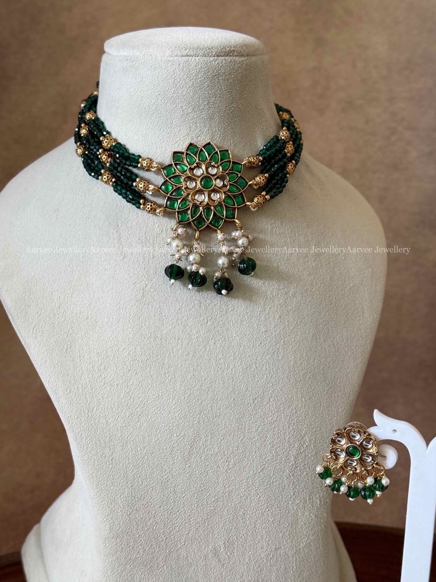 GREEN BEADS CHOKER SET WITH GOLD FINISH GREEN FLORAL PENDANT