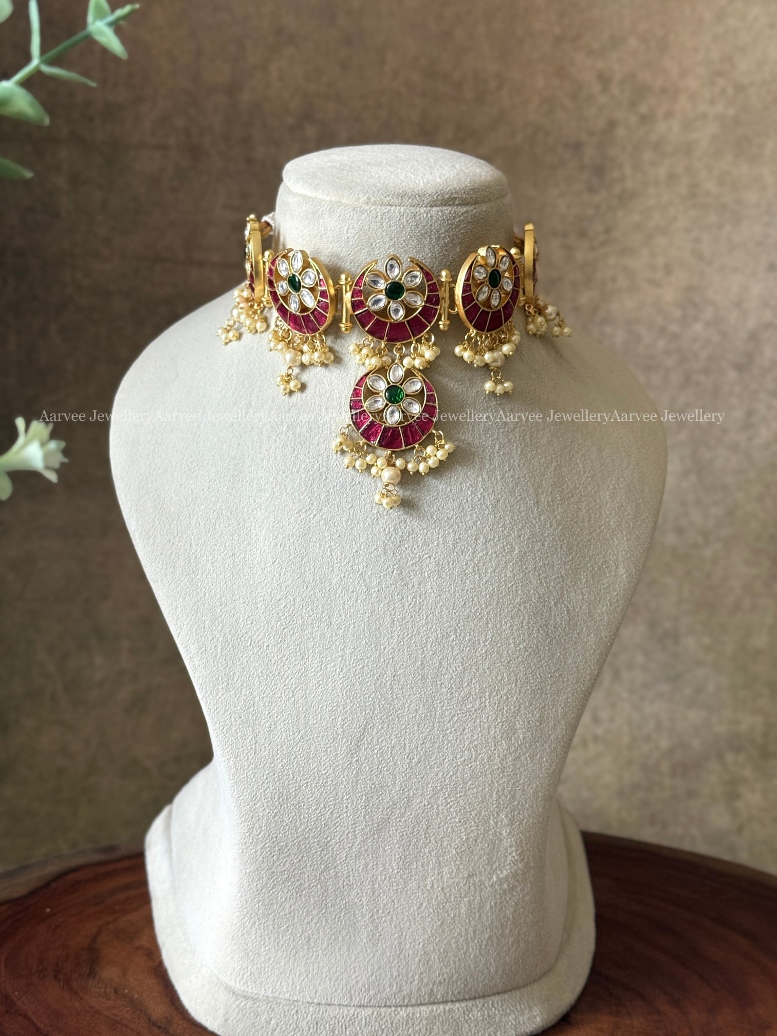 JADAU KUNDAN HALF MOON / CHAND CHOKER SET WITH PINK/WHITE/GREEN STONES AND PEARLS