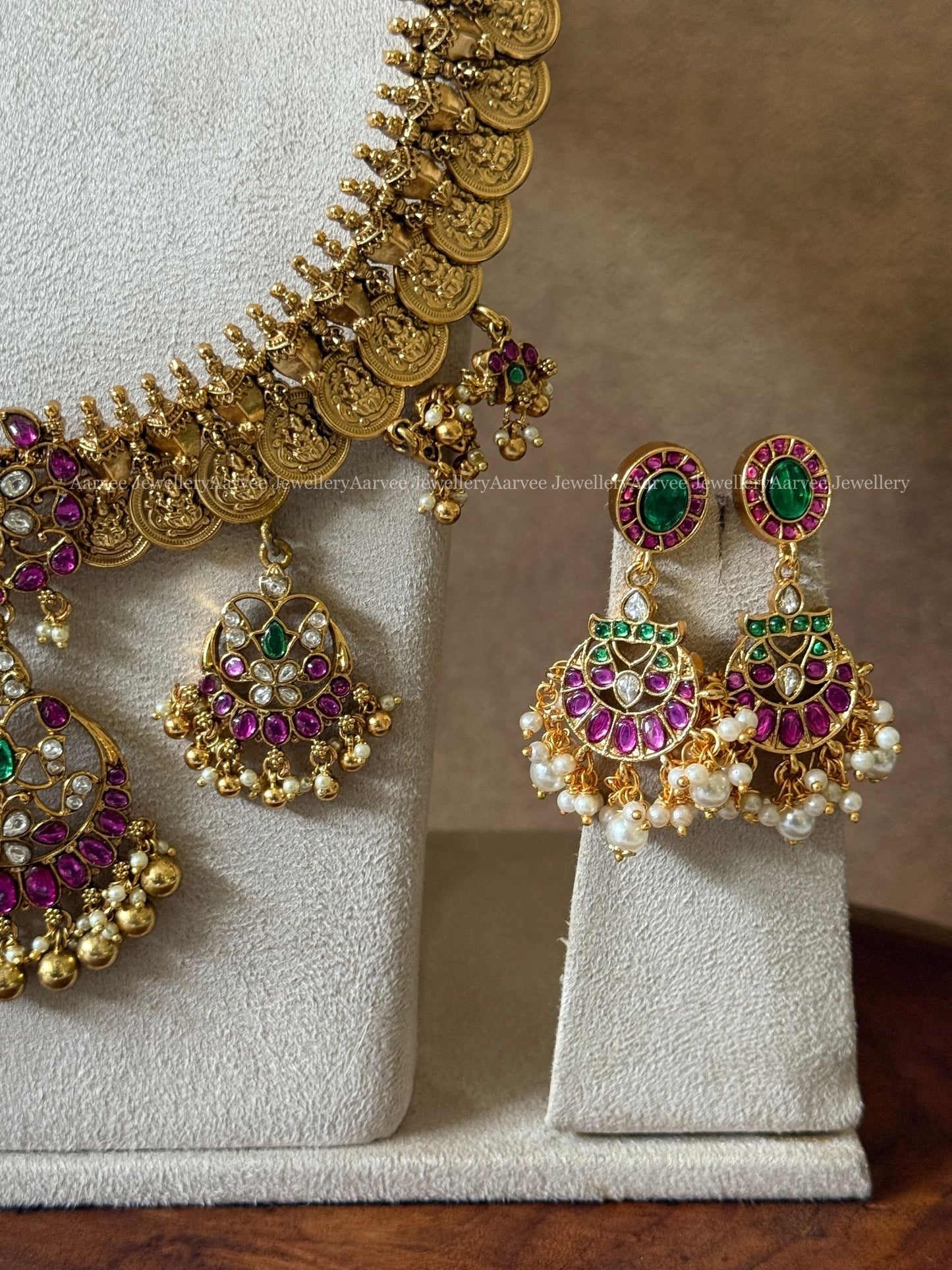 COMBO - PREMIUM PINK KUNDAN STONE CHOKER AND ANTIQUE GOLD COIN HARAM SET WITH MULTI PENDATS