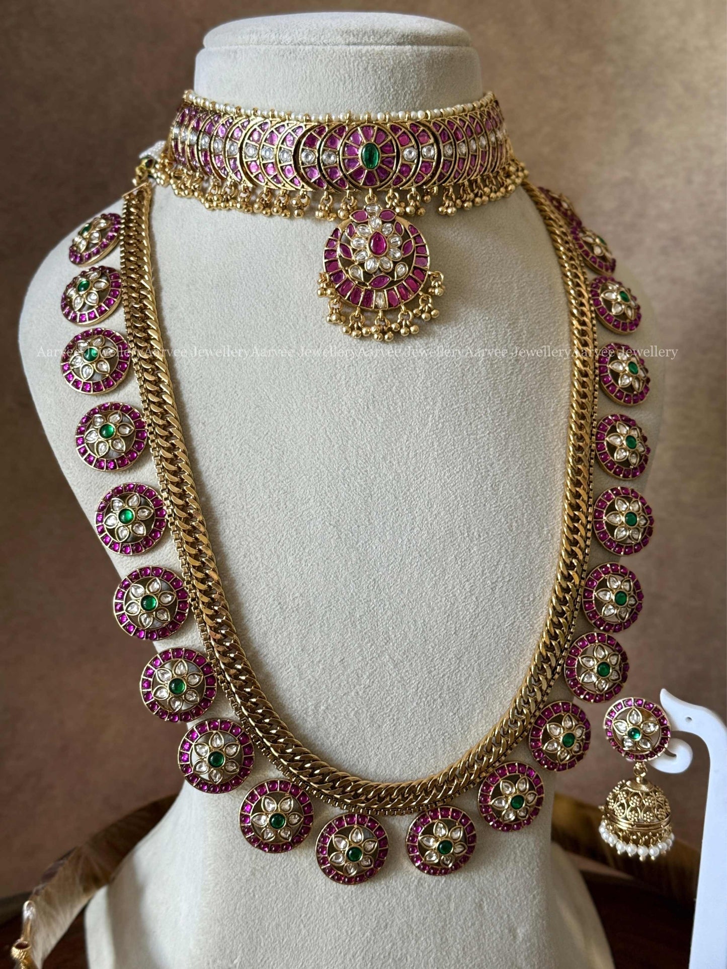 BRIDAL JEWELLERY - PREMIUM PINK KUNDAN STONE CHOKER, BOTTU MALA HARAM SET AND WAIST BELT