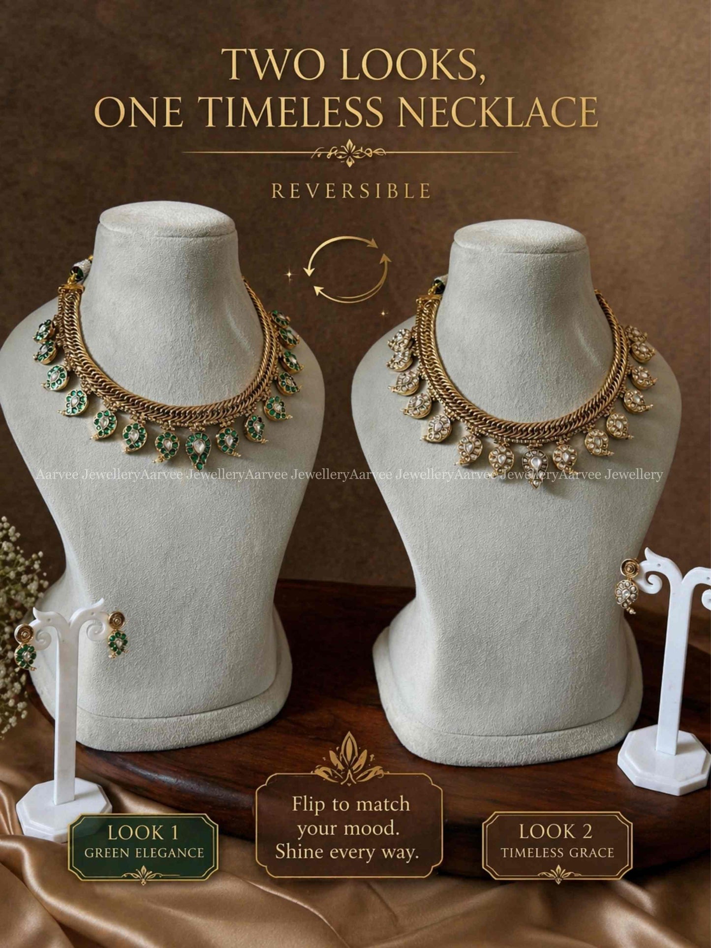 PREMIUM REVERSIBLE 2 IN 1 MANGO MOTIF JALEBI NECKLACE SET WITH WHITE / GREEN STONES