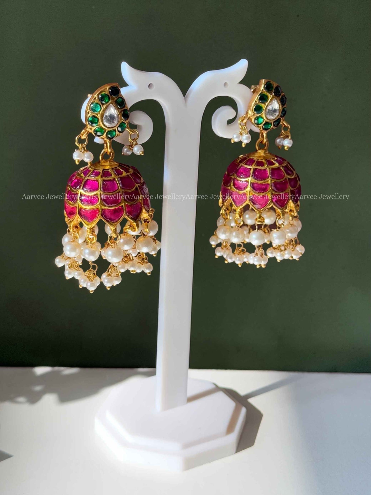 JADAU KUNDAN GREEN STONE MANGO JHUMKI WITH RUBY BUTTA