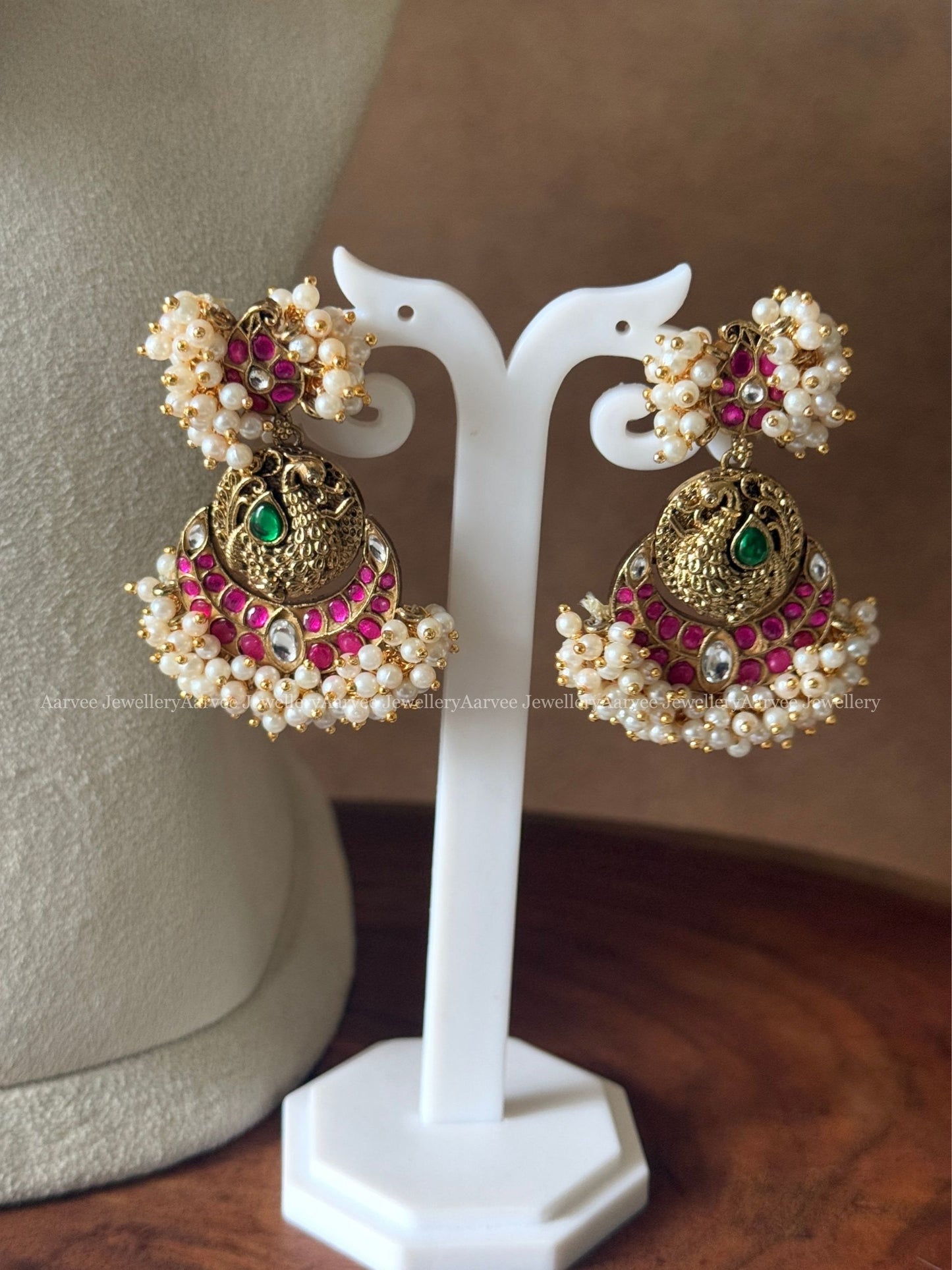 PREMIUM NON IDOL KUNDAN STONES PEARL BUNCH NECKLCE SET