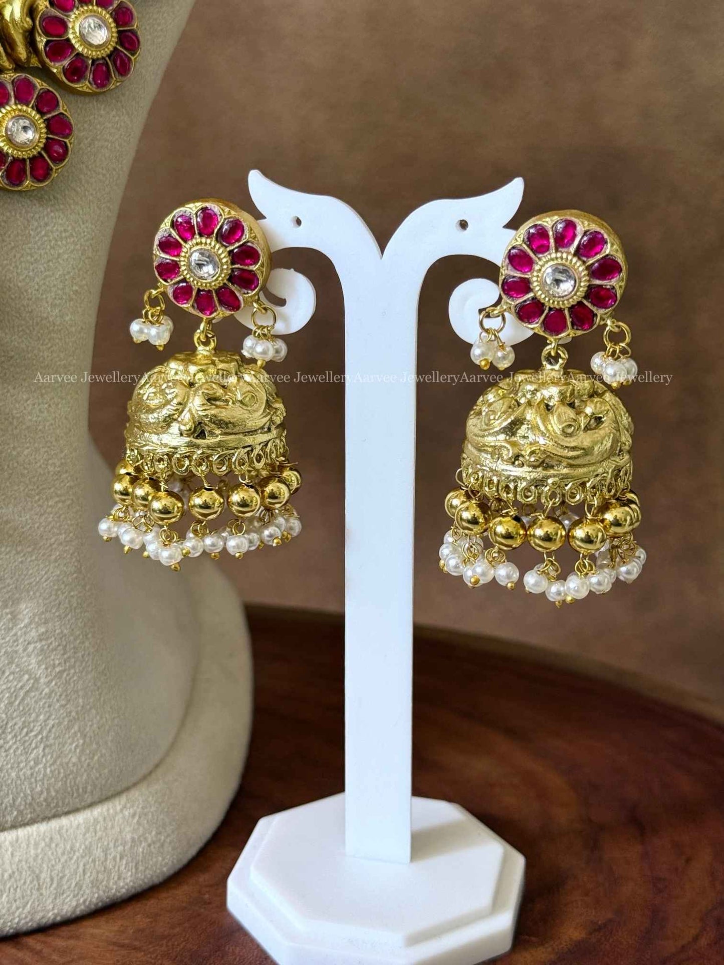 COMBO -  JADAU KUNDAN BLUE / PINK STONES LOTUS CHOKER AND BUTTA HARAM SET WITH PEARL & GOLD BEADS