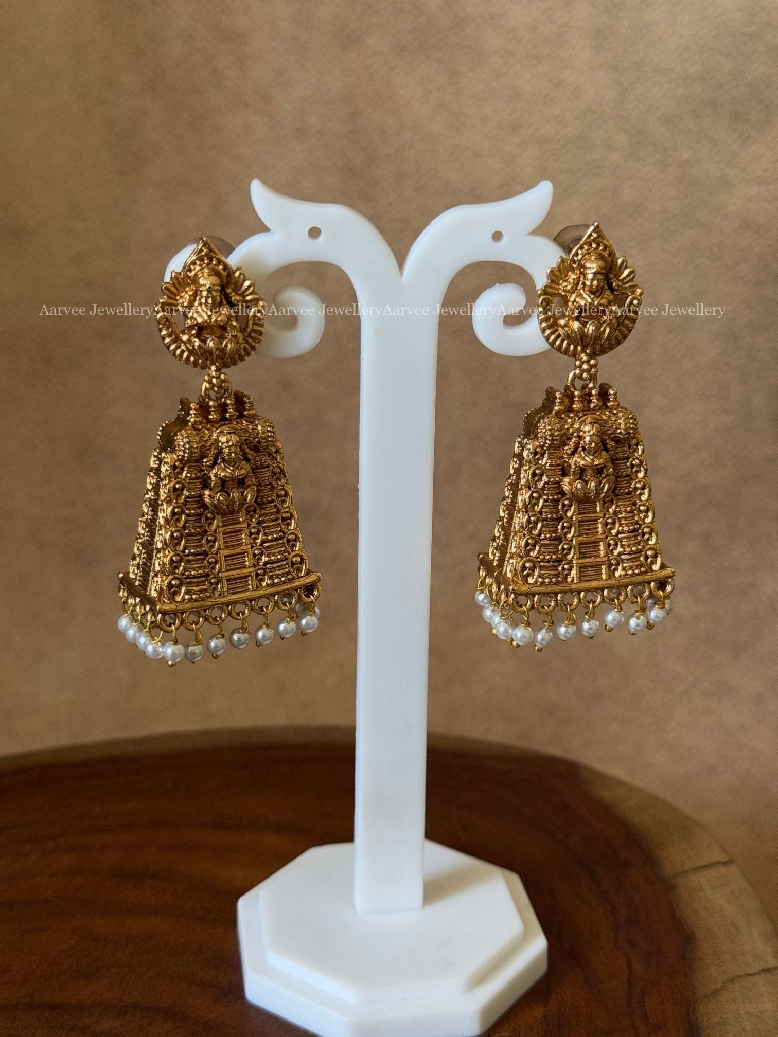 FULL GOLD GOPURA DESIGN LAKSHMI JHUMKI WITH PEARLS