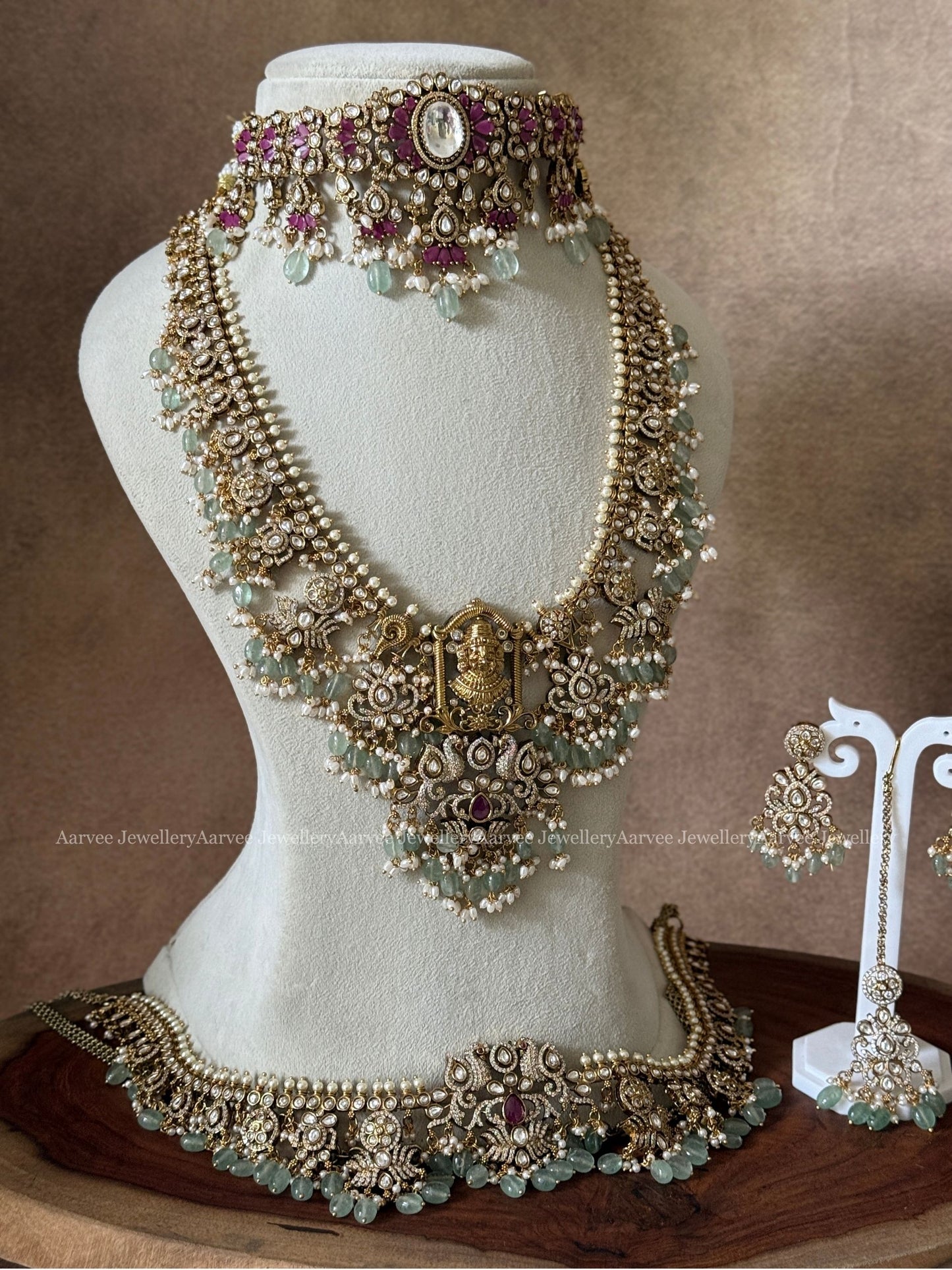 VICTORIAN RUBY STONE GUTTA PUSALU BRIDAL JEWELLERY SET WITH PASTEL BEADS