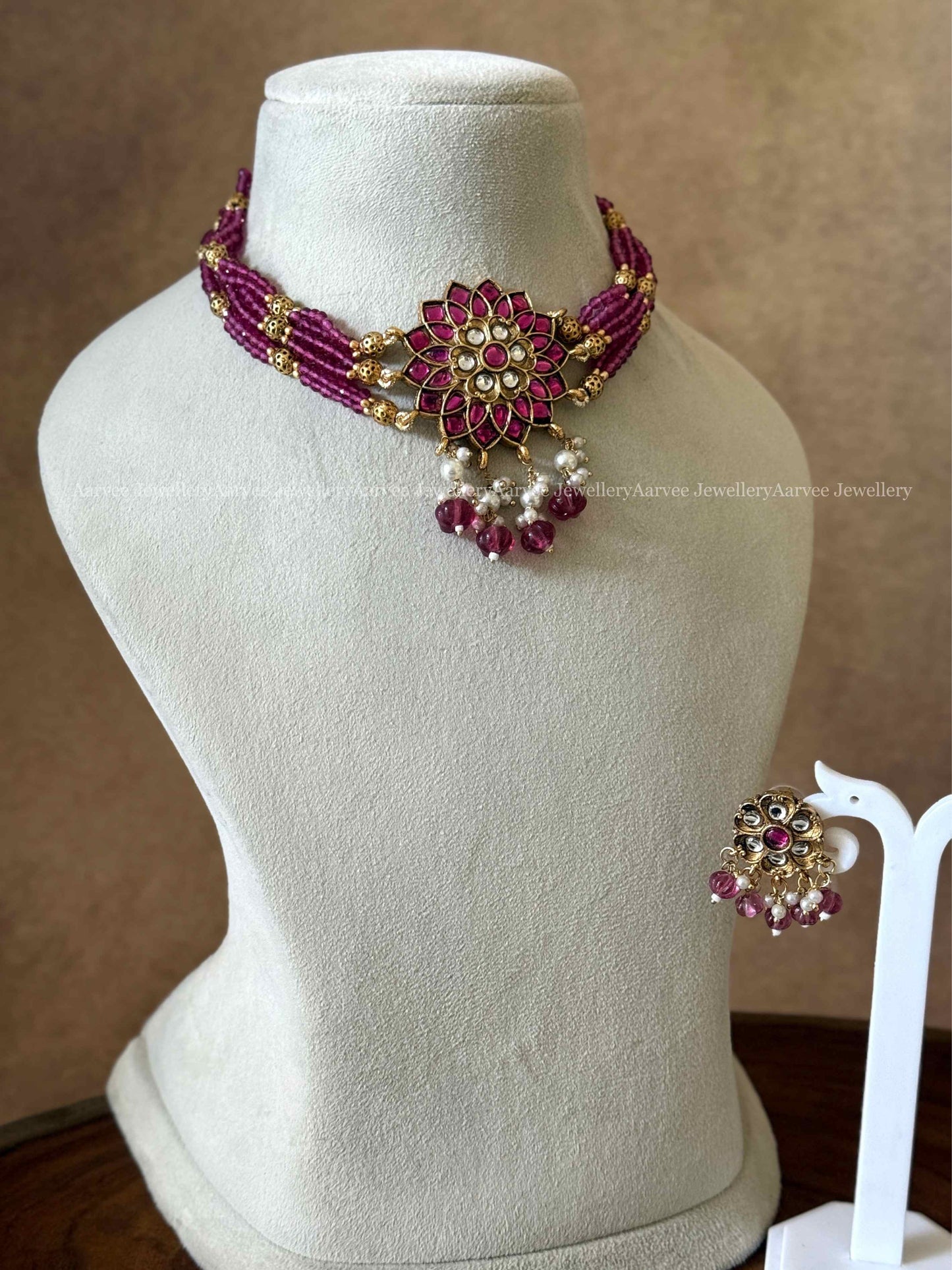 PINK BEADS CHOKER SET WITH GOLD FINISH PINK FLORAL PENDANT