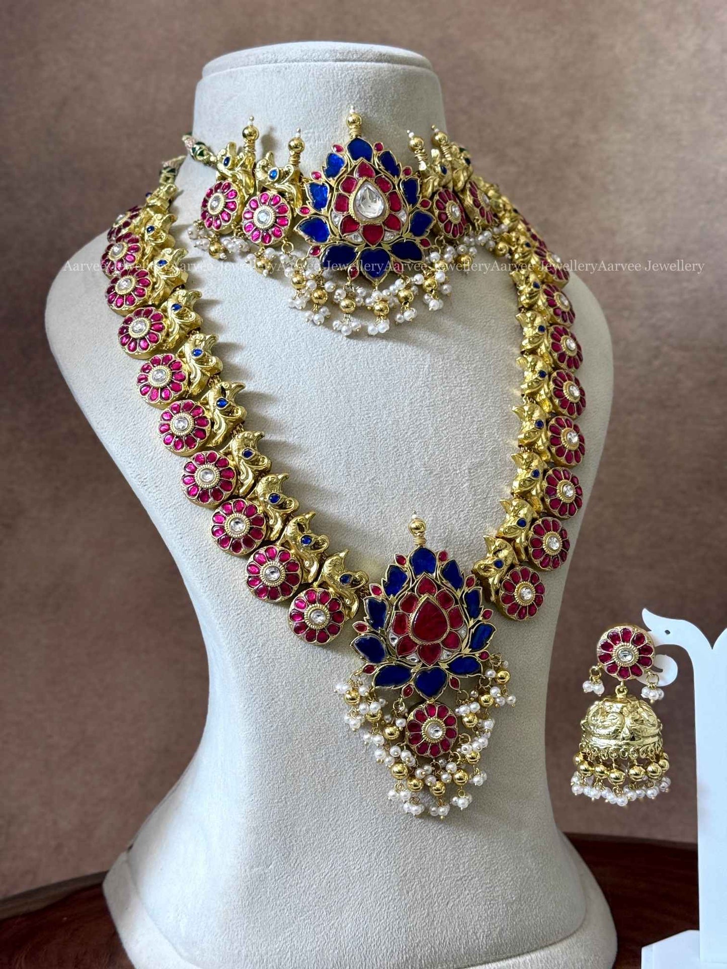 COMBO -  JADAU KUNDAN BLUE / PINK STONES LOTUS CHOKER AND BUTTA HARAM SET WITH PEARL & GOLD BEADS