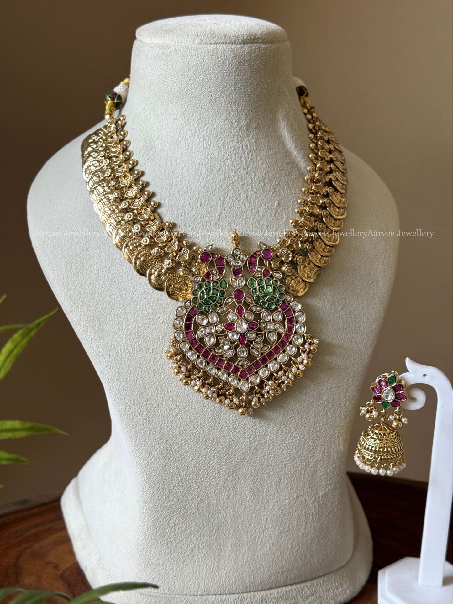 PREMIUM COIN NECKLACE SET WITH PINK / GREEN KUNDAN PEACOCK PENDANT AND GOLD BEADS