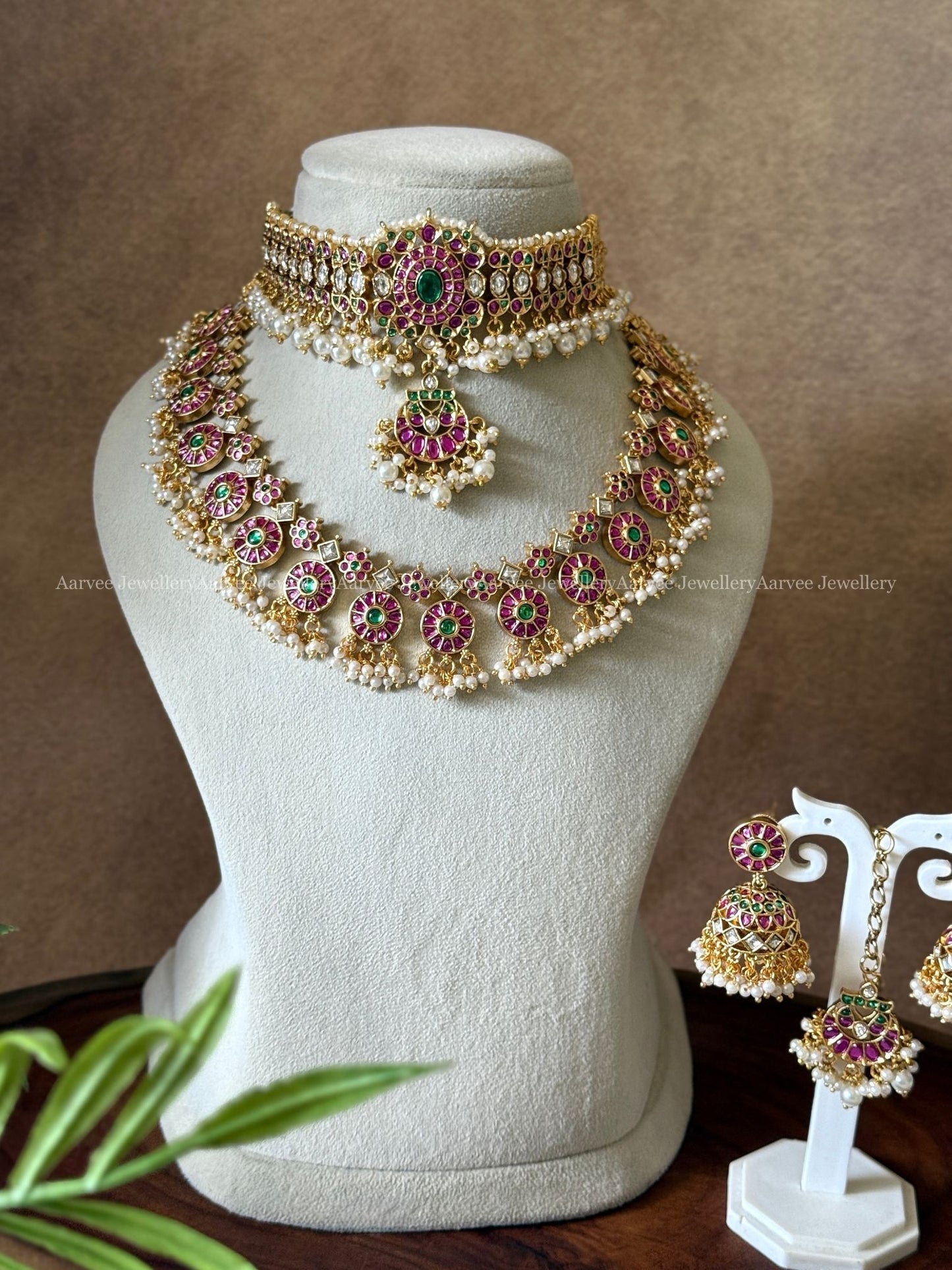 COMBO -  KEMP PINK STONE SINGLE PENDANT CHOKER WITH BOTTU MALA NECKLACE SET