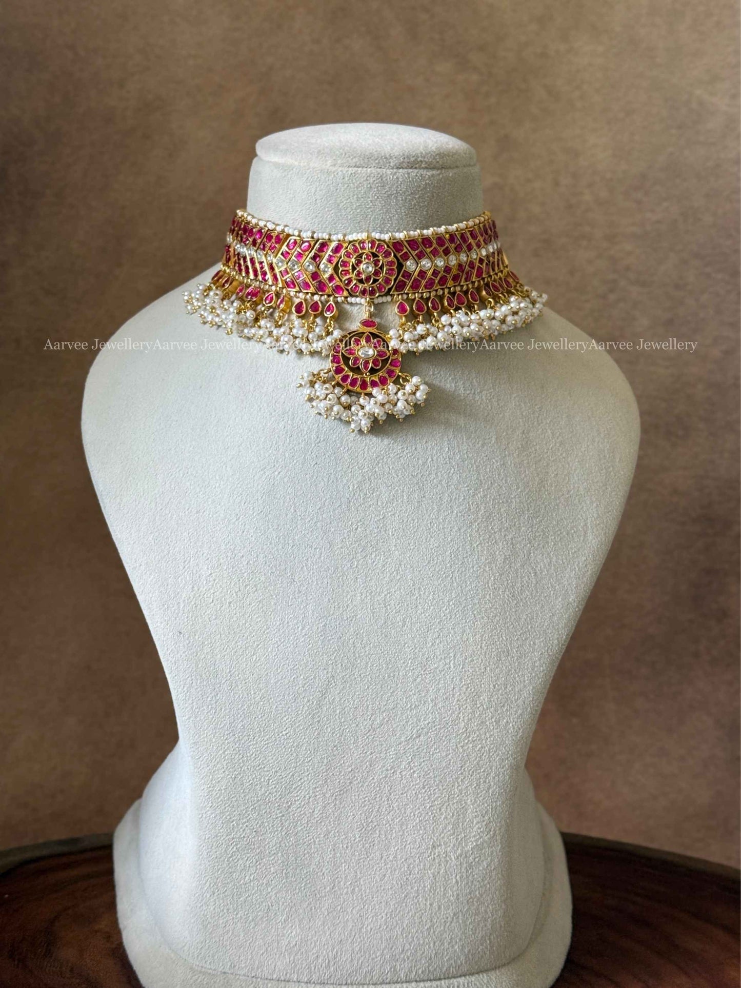 COMBO - JADAU KUNDAN FULL PEARLS CHOKER WITH MANGO HARAM AND BUTTA JHUMKI
