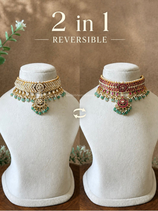 ADITI JADAU KUNDAN CHOKER | REVERSIBLE 2 IN 1 WITH WHITE AND RUBY STONES AND PASTEL BEADS